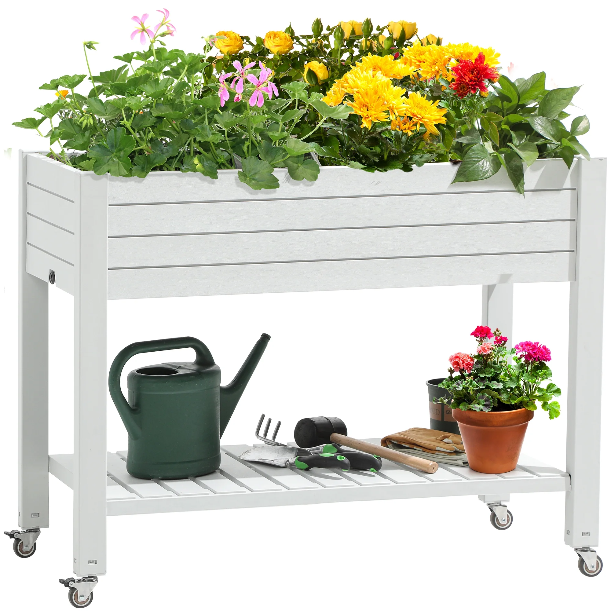 Dextrus 3.6x1.5x2.8FT Elevated Raised Garden Bed with Legs and Lockable Wheels, Outdoor Large Resin Patio Planter Box Stand with Drain Plug, Water Monitor and Storage Shelf for Plant Vegetable Flower