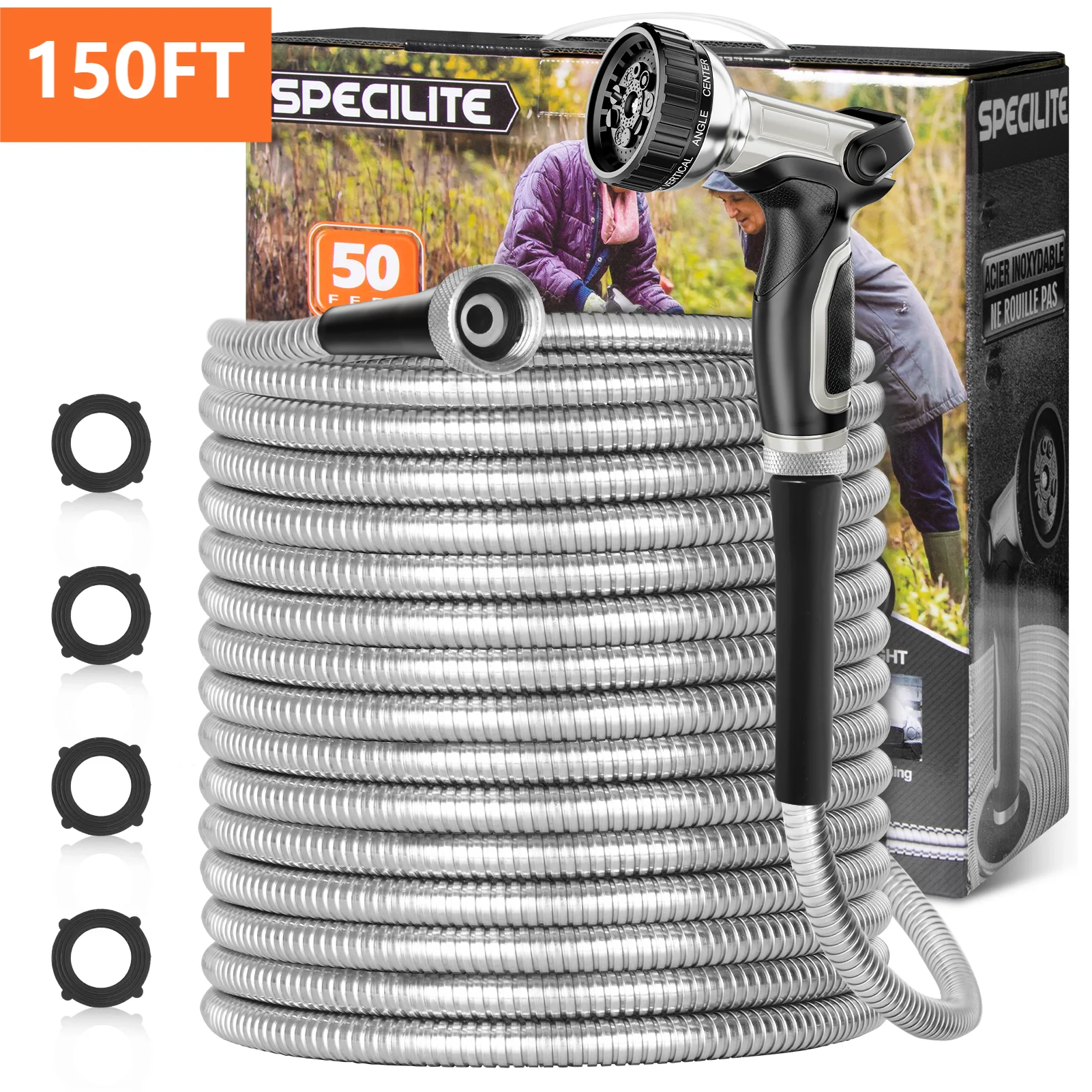 SPECILITE 150ft 304 Stainless Steel Garden Hose Metal, Heavy Duty Water Hoses with Nozzles for Yard, Outdoor - Flexible, Never Kink & Tangle, Puncture Resistant