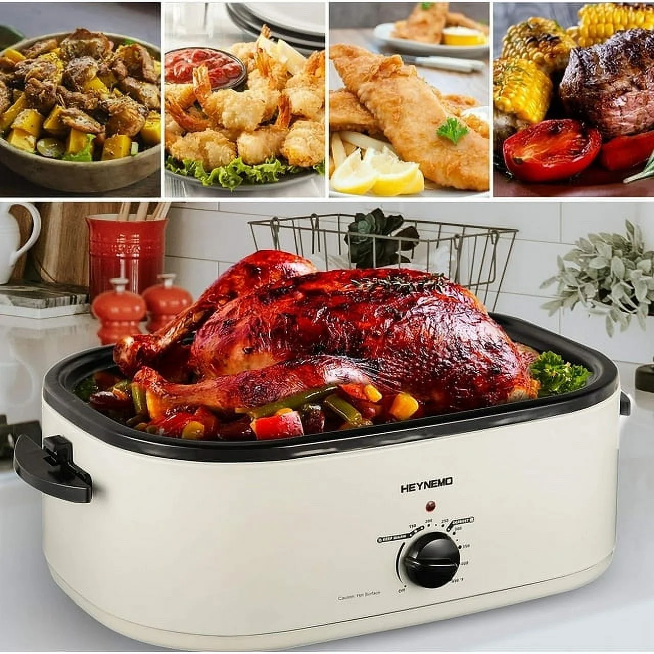 24 Quart Electric Roaster Oven Stainless Steel Roaster Pan With Self-Basting Lid Removable Insert Pot, White