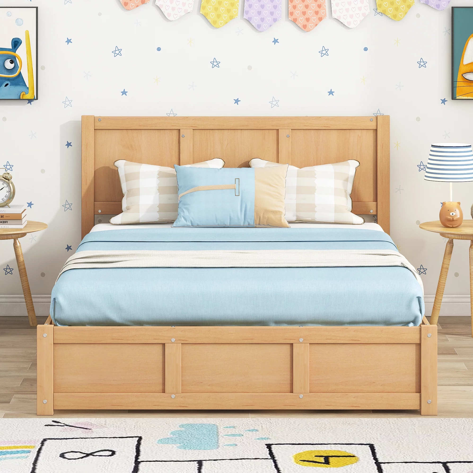 Euroco Full Size Lift Up Storage Bed, Wood Platform Bed Frame with 2 Drawers,  Hydraulic Storage System, No Box Spring Needed & Easy Assembly, Wood Color