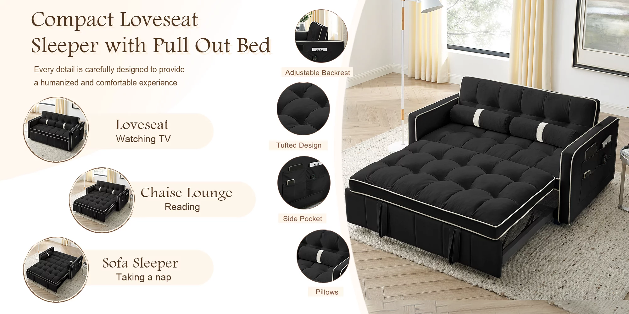 KINFFICT Futon Sofa Bed, Convertible Sleeper Sofa Bed with Pull Out Couch, Modern Velvet Loveseat Sleeper, Small Couch for Living Room, Black