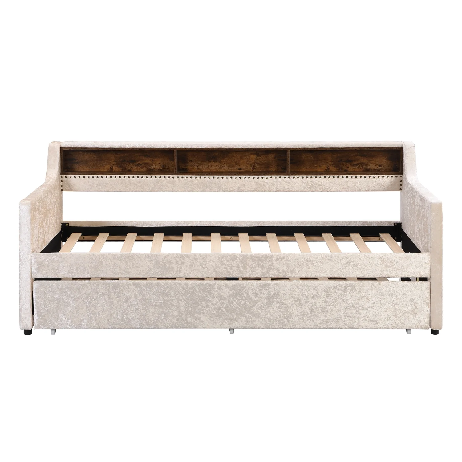 Churanty Twin Size Upholstered Daybed with Trundle and Built-in Storage Shelves, Snowflake Velvet Sofa Bed Wood Day Bed Frame for Bedroom Living Room Guest Room, Beige
