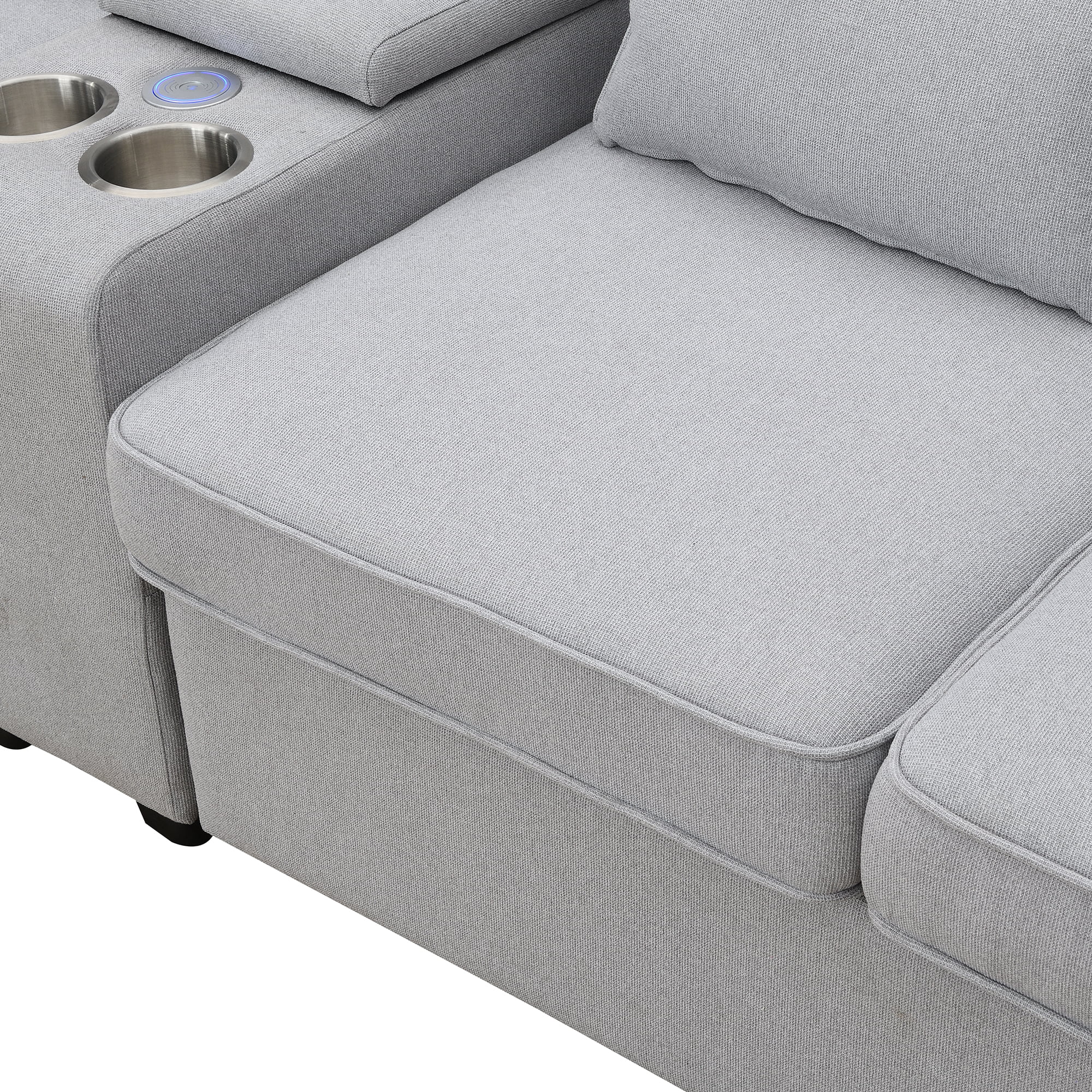 Modern 4 Seater Large Sofa with Console, Linen Fabric Upholstered Couch with USB Charging Ports Cup Holders for Living Room Office