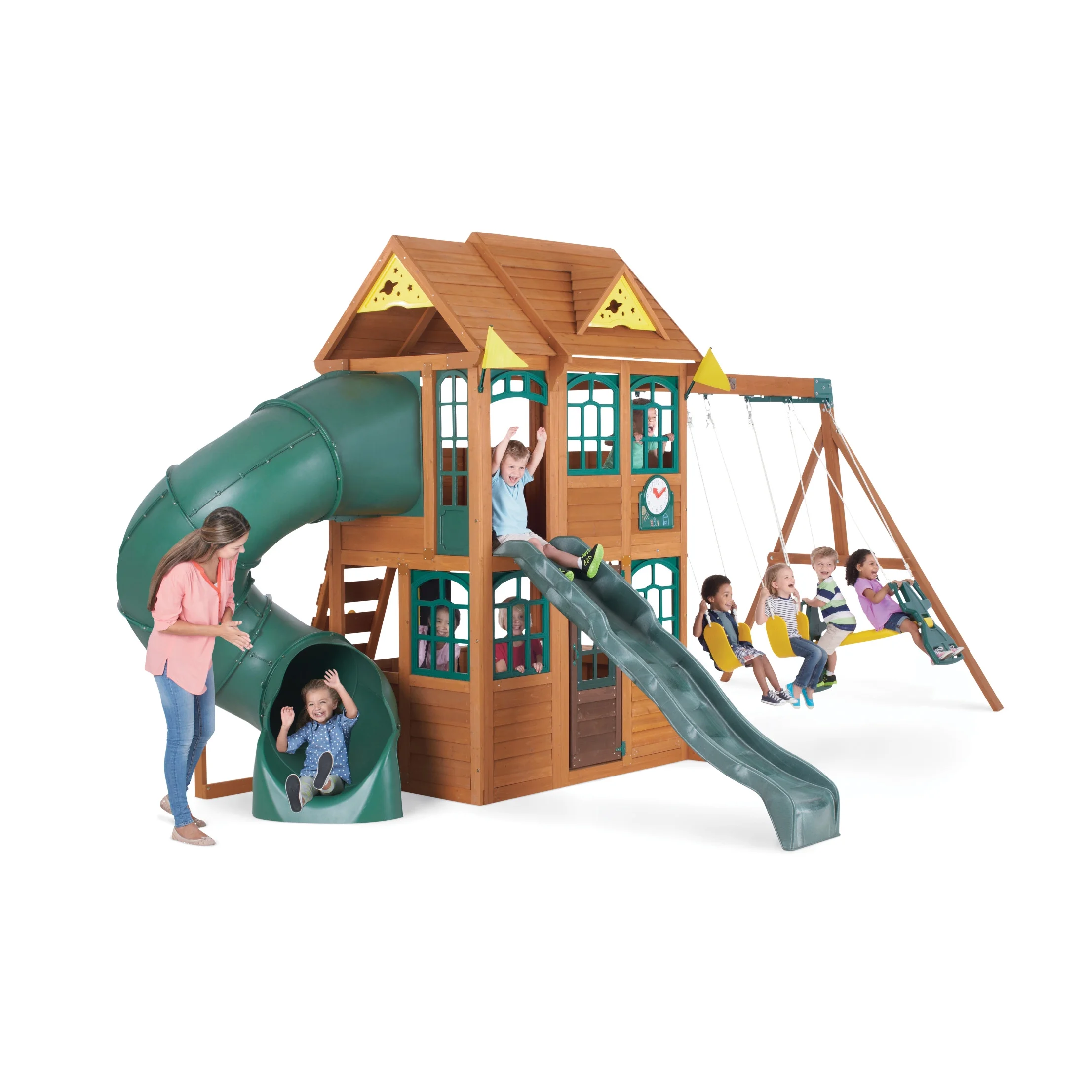 KidKraft Charleston Lodge Wooden Outdoor Swing Set / Playset with Slides, Swings, Kitchen and Bench