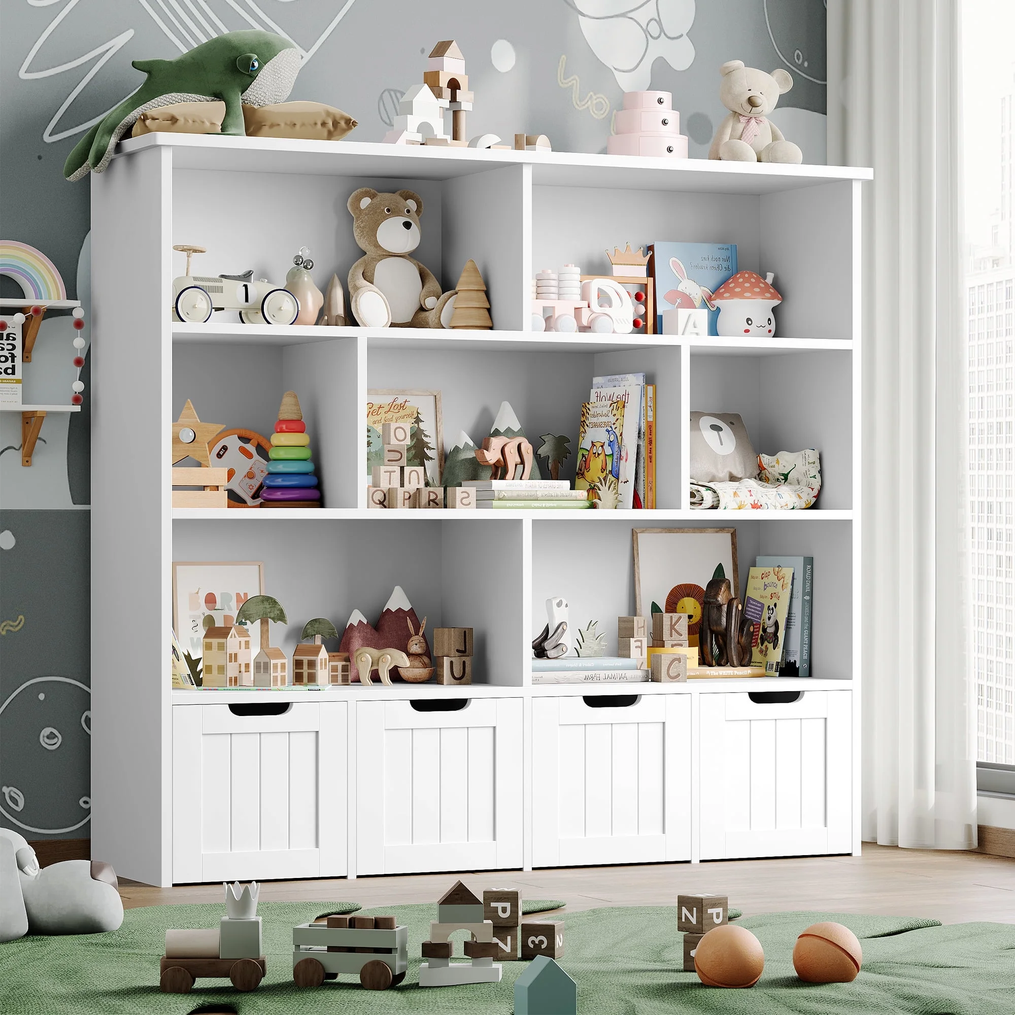 Homfa 7 Cube Toy Storage  Organizer, Kids Geometric Bookcase and Bookshelf with 4 Drawers, White