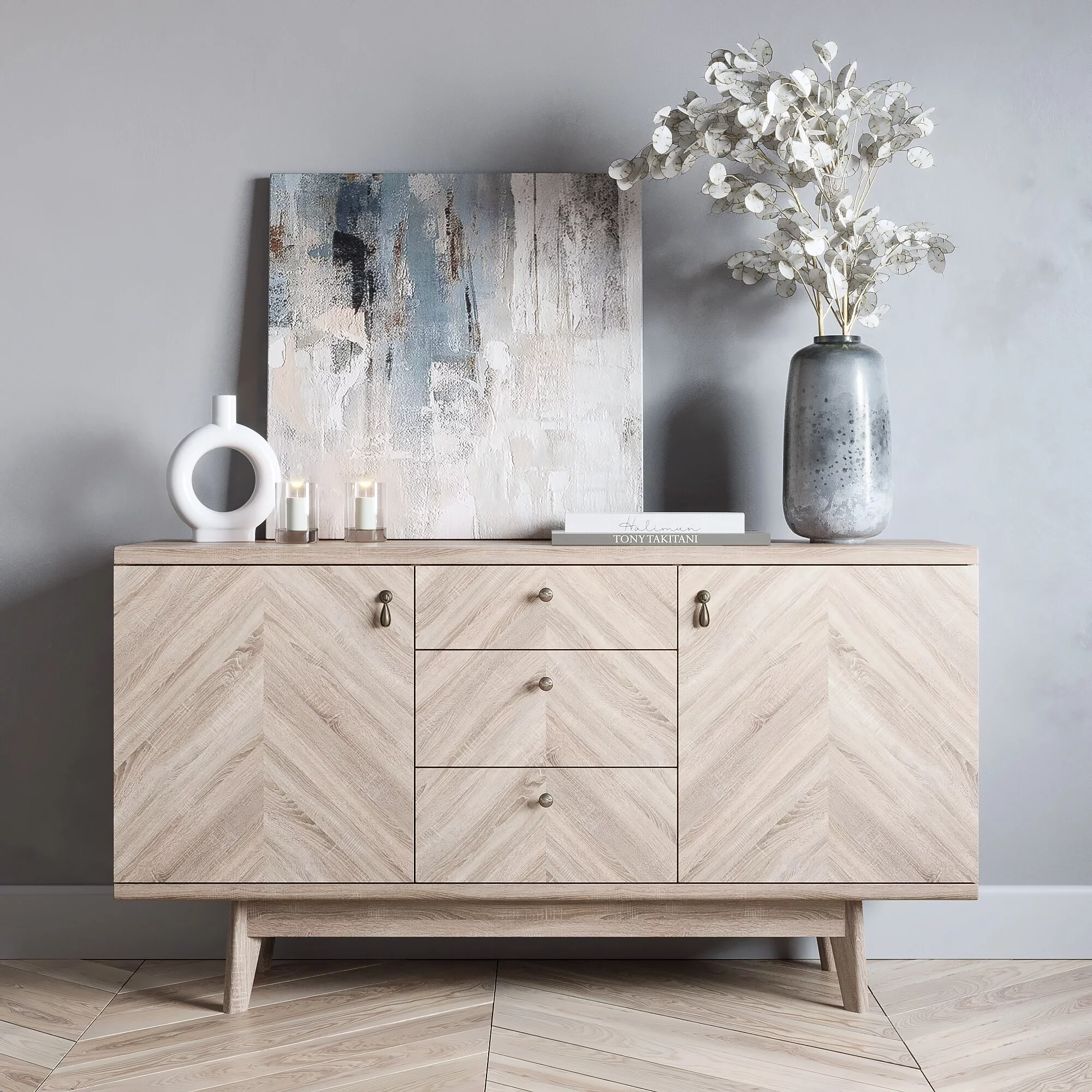 Living Skog  Scandi Sideboard Buffet TV Stand with Drawers and Wooden Legs for TV's up to 65-inch TV Beige