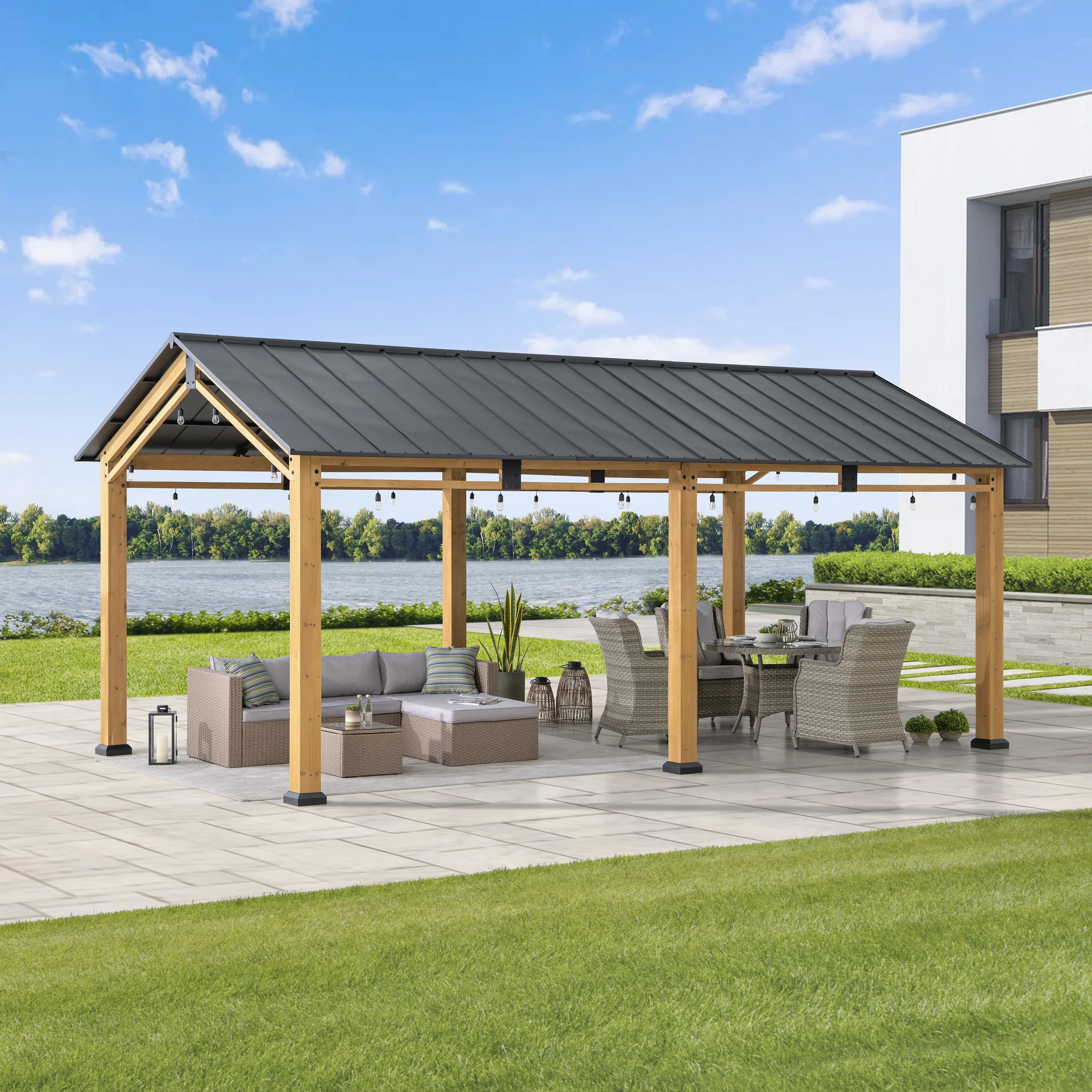 Sunjoy 11 ft. x 20 ft. Cedar Wood Frame Carport/Gazebo with Steel Gable Roof for Parties, Patios