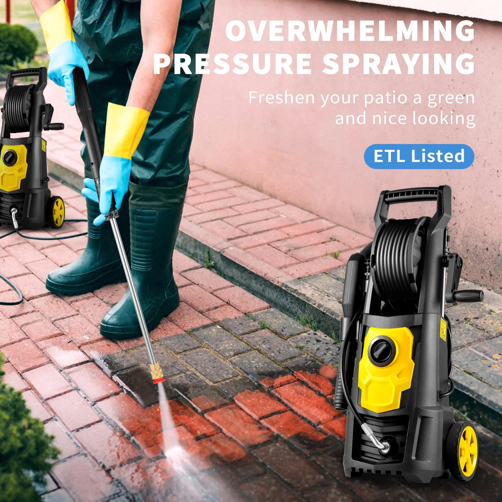 SKYSHALO Electric Pressure Washer, 2000 PSI, Max. 1.65 GPM Power Washer w/ 30 ft Hose & Reel, 5 Quick Connect Nozzles, Foam Cannon, Portable to Clean Patios, Cars, Fences, Driveways, ETL Listed