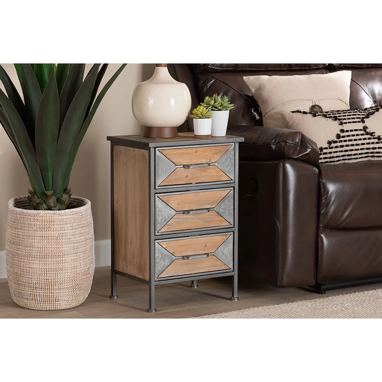 Baxton Studio Laurel Rustic Industrial Antique Grey Finished Metal and Whitewashed Oak Brown Finished Wood 3-Drawer