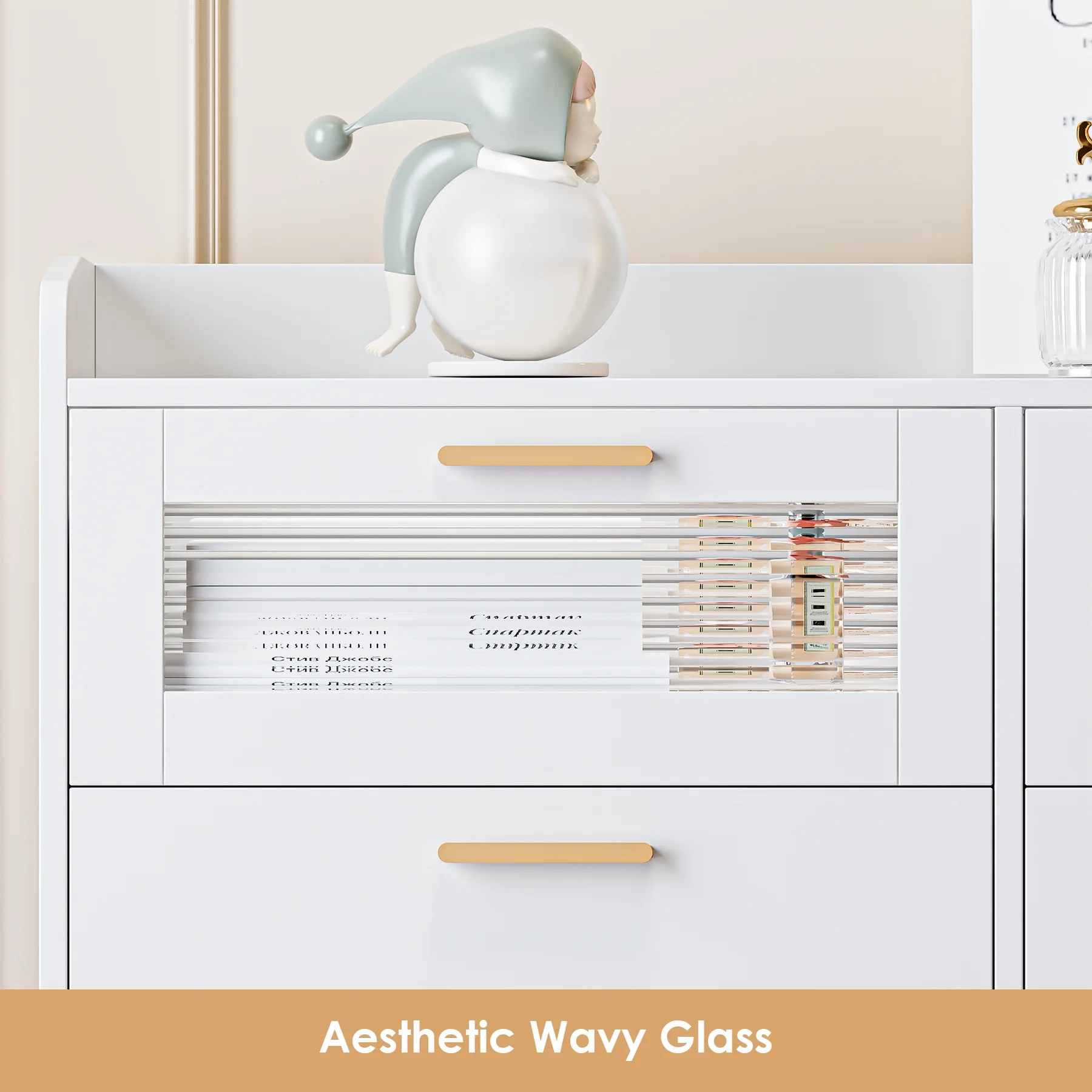 Homfa 6 Drawer Double Dresser with Fence, White Chest of Drawers with Wavy Glass, Wooden Storage Cabinet for Bedroom