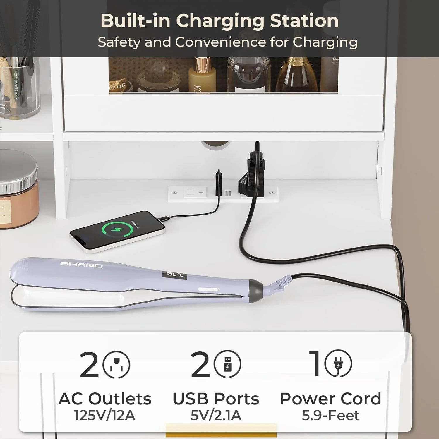 Makeup Vanity Desk with Mirror and Lights, Modern Vanity Desk Dressing Table with Charging Station&2 Drawers&Jewelry Cabinet for Women Girls, White