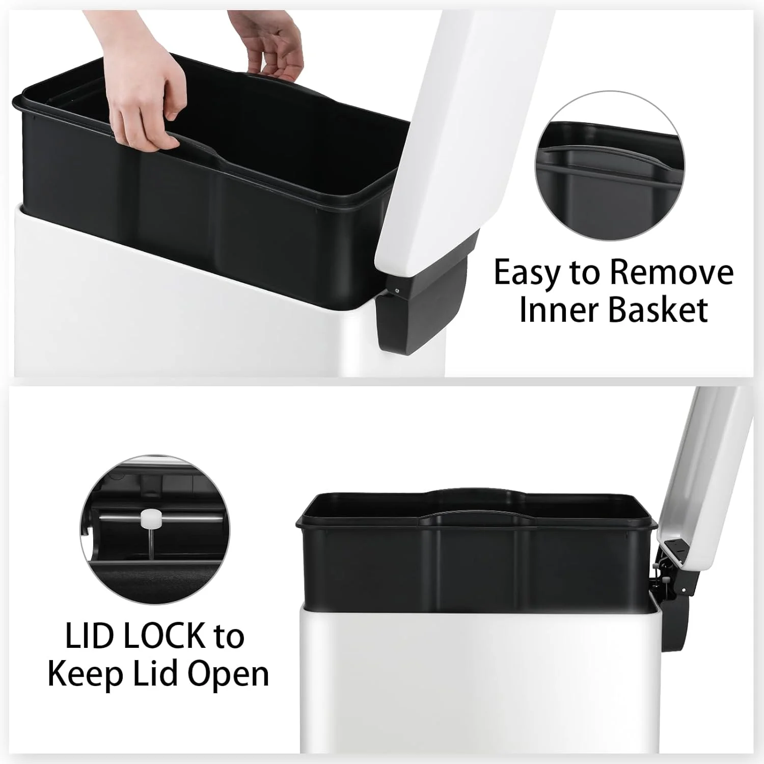 LAZY BUDDY Slim Trash Can, 13 Gallon Step Trash Bin with Lid 50 L Stainless Steel Garbage Can White Wastebin for Kitchen Bathroom