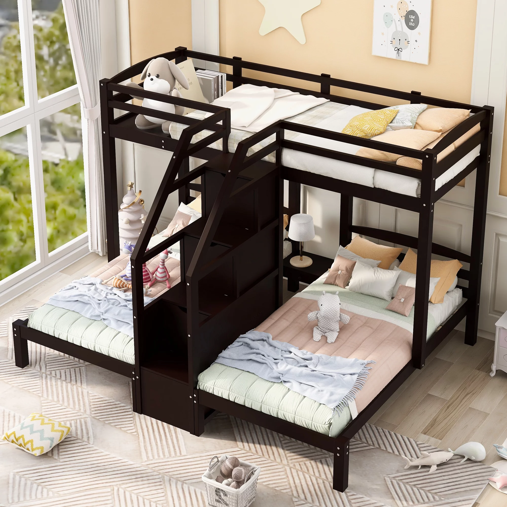 EUROCO Twin over Twin & Twin Bunk Bed with Staircase and Drawers for Kids Bedroom, 3-in-1 Bunk for More Kids, Storage Staircase, Espresso