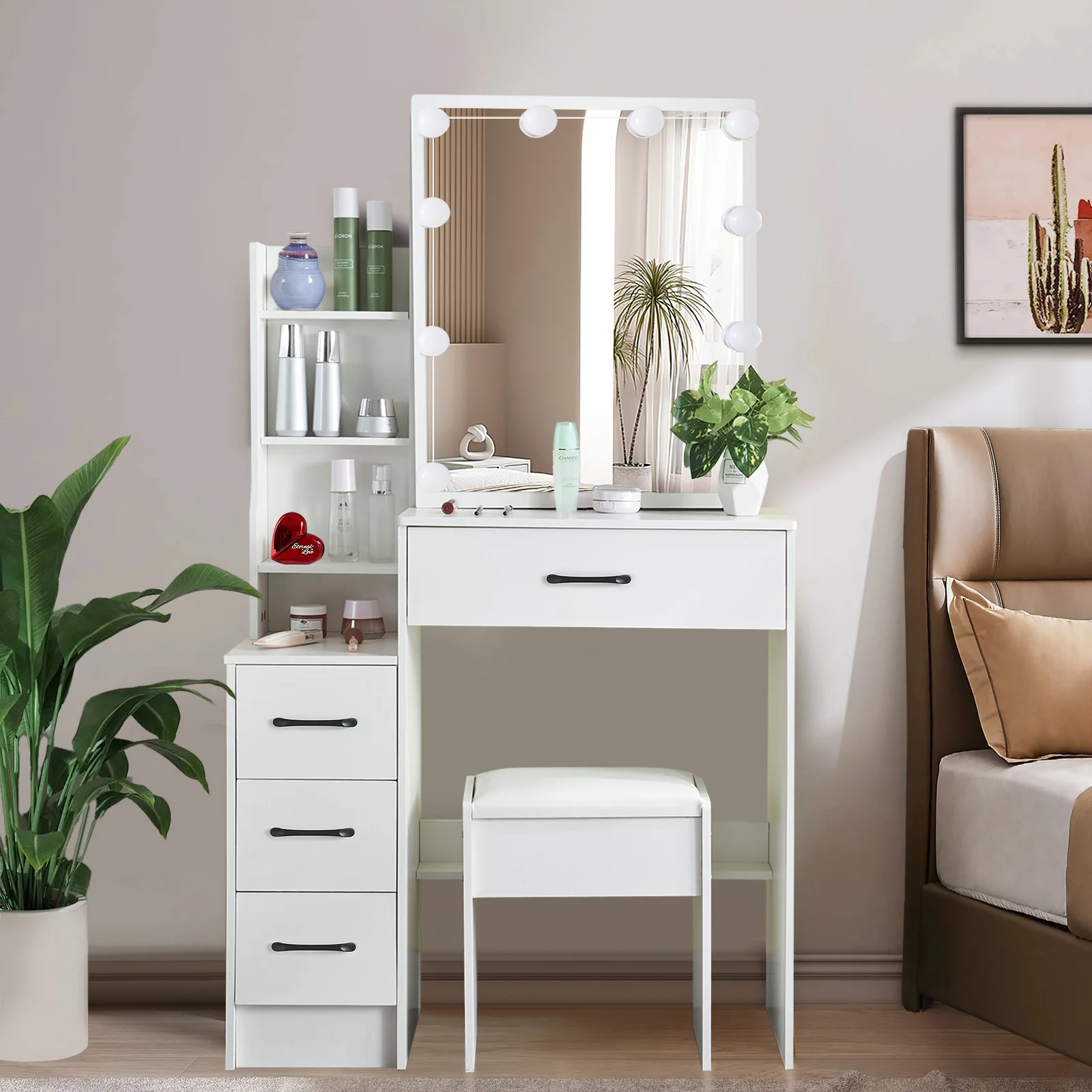 Ciumeeo Vanity Desk with Mirror, Power Outlet and 10 Lights, Makeup Table with 4 Drawers, 3 Color Modes Available for Bedroom, White