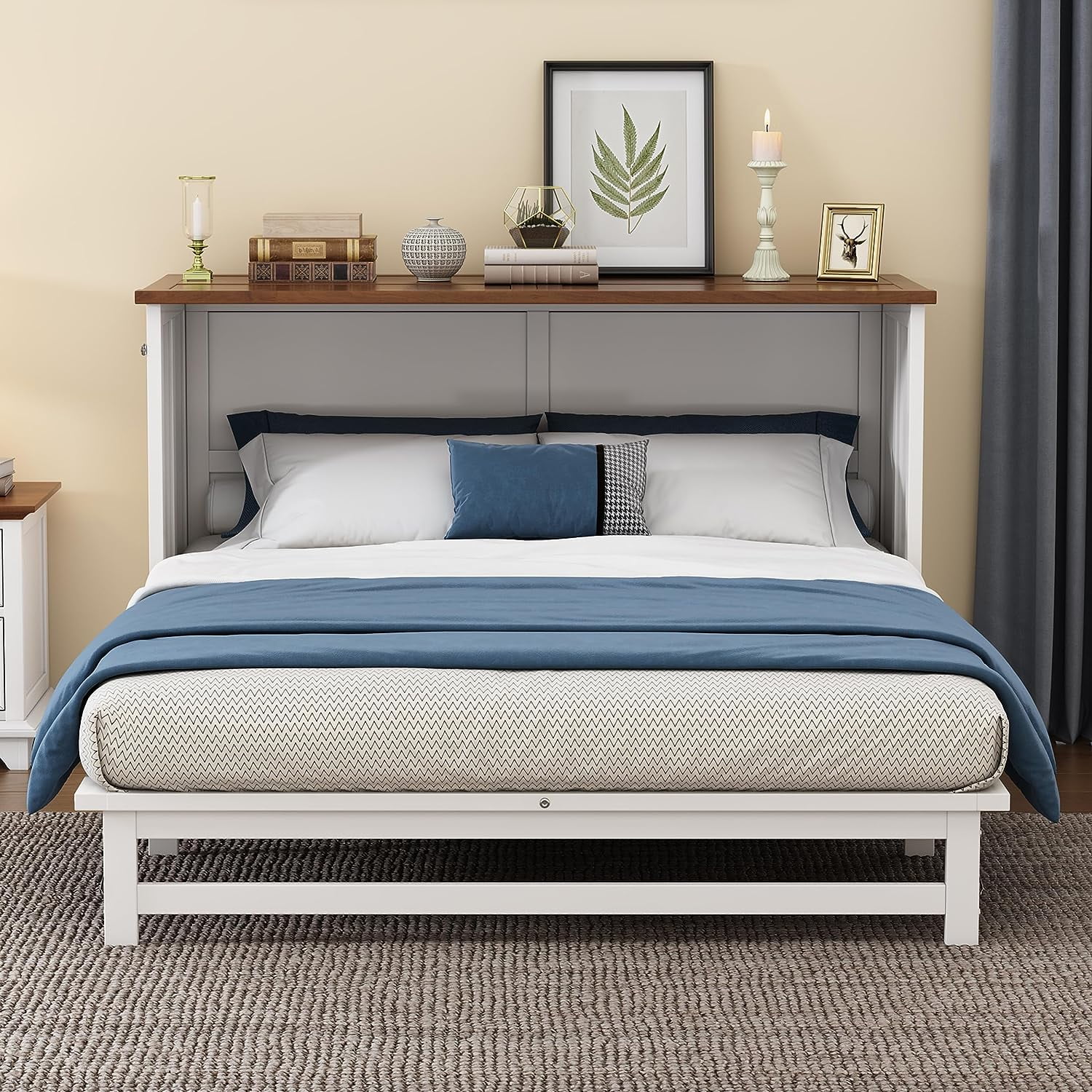 Tabaray Wood Murphy Bed Chest, Full Size Foldable Platform Bed Frame with Charging Station and Large Storage Drawer, Muti-Functional Cabinet Bed for Home Office or Small Room