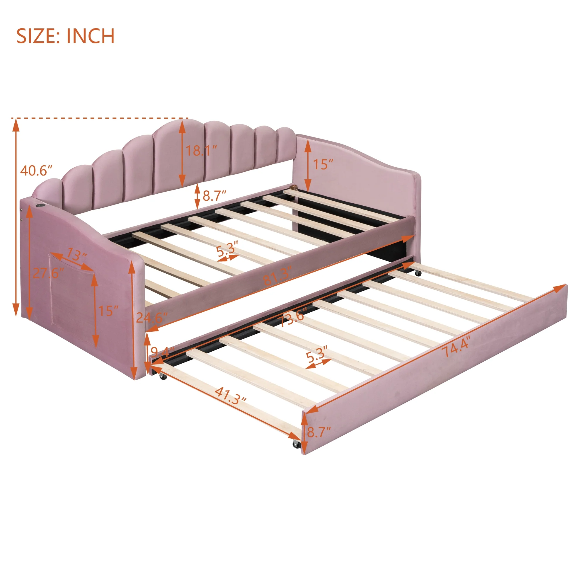 Churanty Twin size Upholstered Daybed with Trundle ,Velvet Sofabed with USB Charging Ports,No Box-spring Needed,Pink