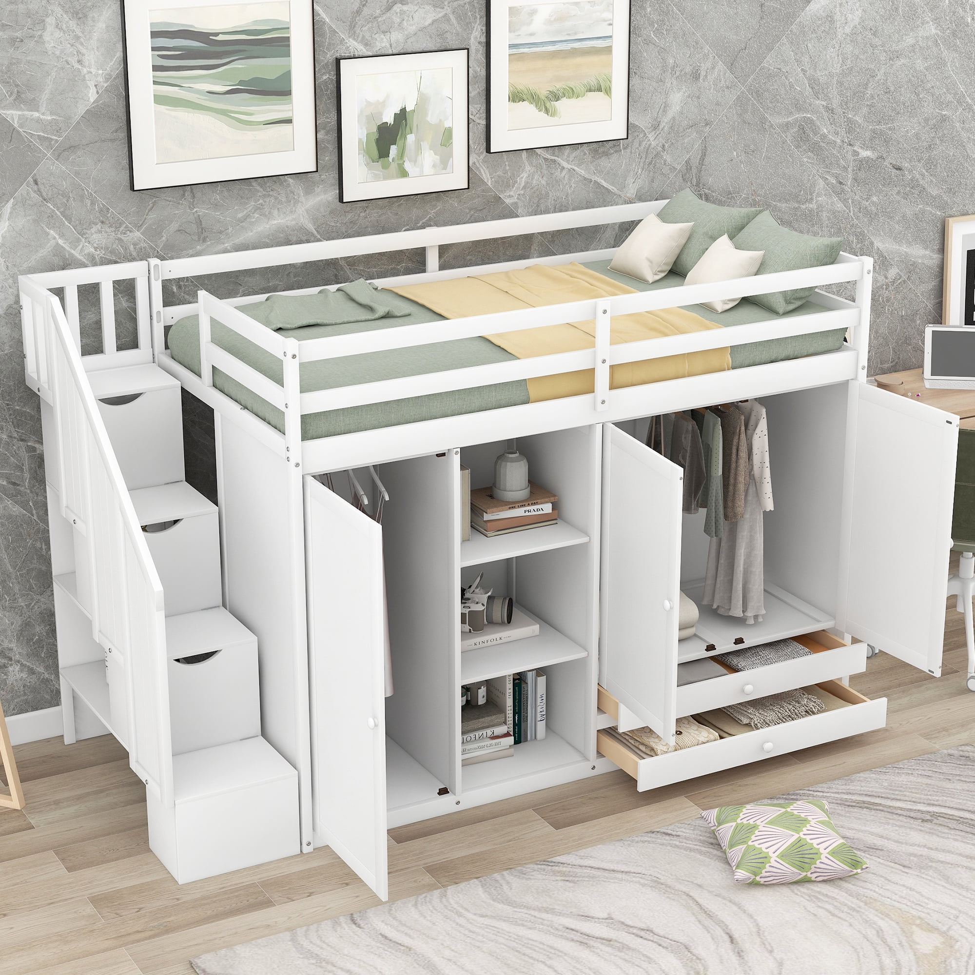 Functional Twin Wood Loft Bed with 3 Shelves, 2 Wardrobes and 2 Drawers, Ladder with Storage, Staircase, Loft Bed with Shelves, Loft Twin Bed for Teenagers, Multiple Functions Bed(White)
