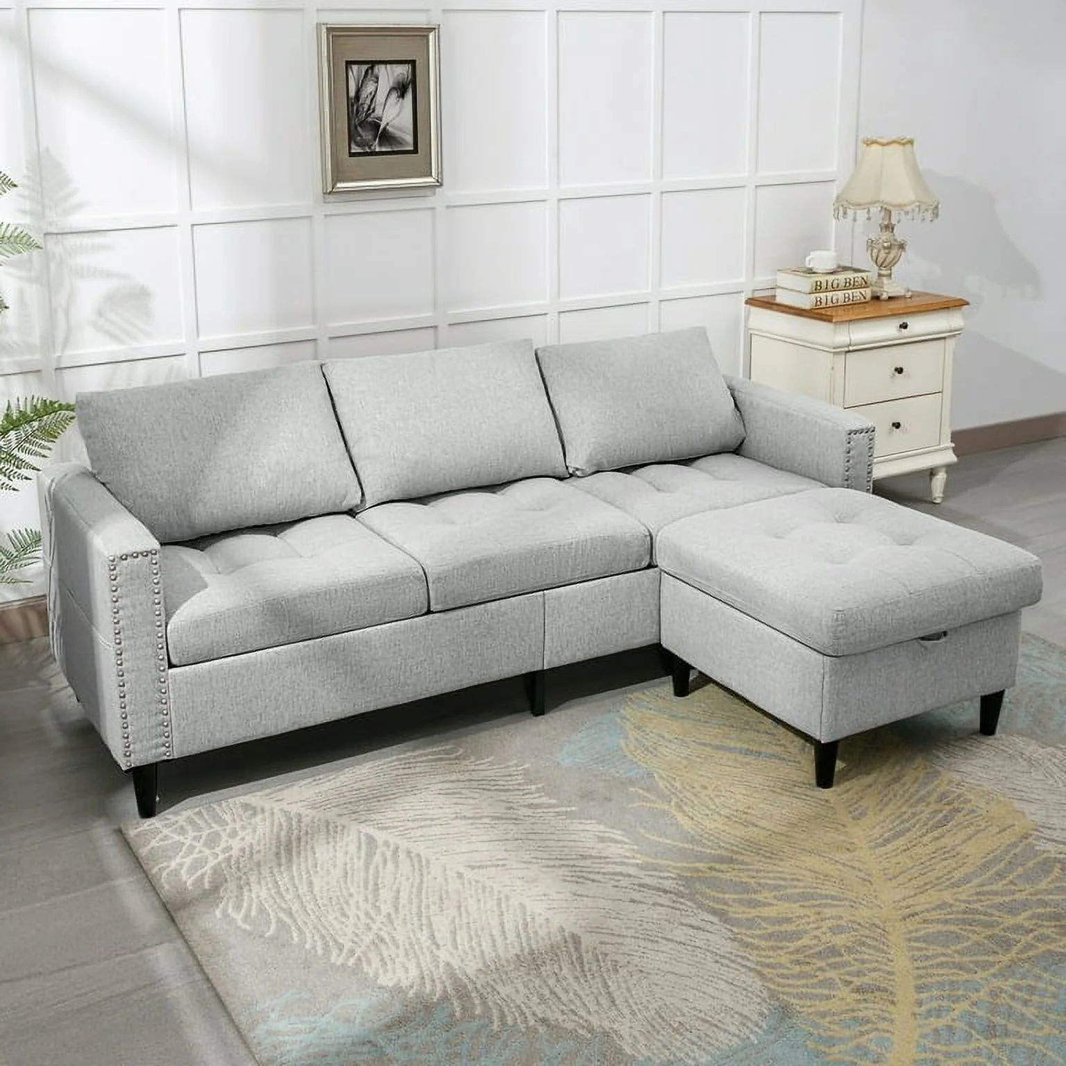 Mixoy Reversible Modular Sectional Sofa Couch Set,L-Shaped 3-Seater Sofa with Storage Ottoman - 77.1in*54.3in*31.8in Light Grey