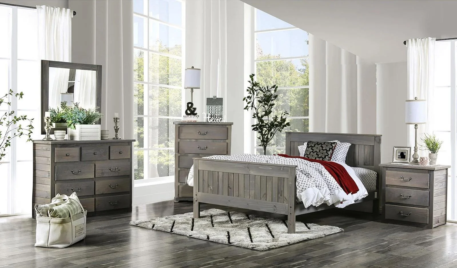 Rustic Weathered Gray Pine Wood Queen Bedroom Set 6pcs FOA AM7973 Rockwall