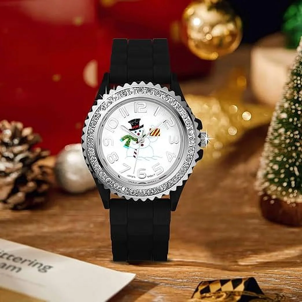 Blekon Christmas Tree Women Watch Crystals Studded Alloy Case Silicone Strap White Dial Santa Claus Analog Watches