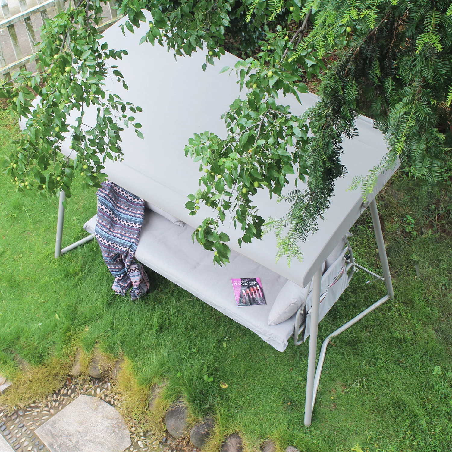 3-Seater Outdoor Convertible Canopy Swing Chair Bench Bed with Comfortable Cushion Seats for Patio Porch Garden