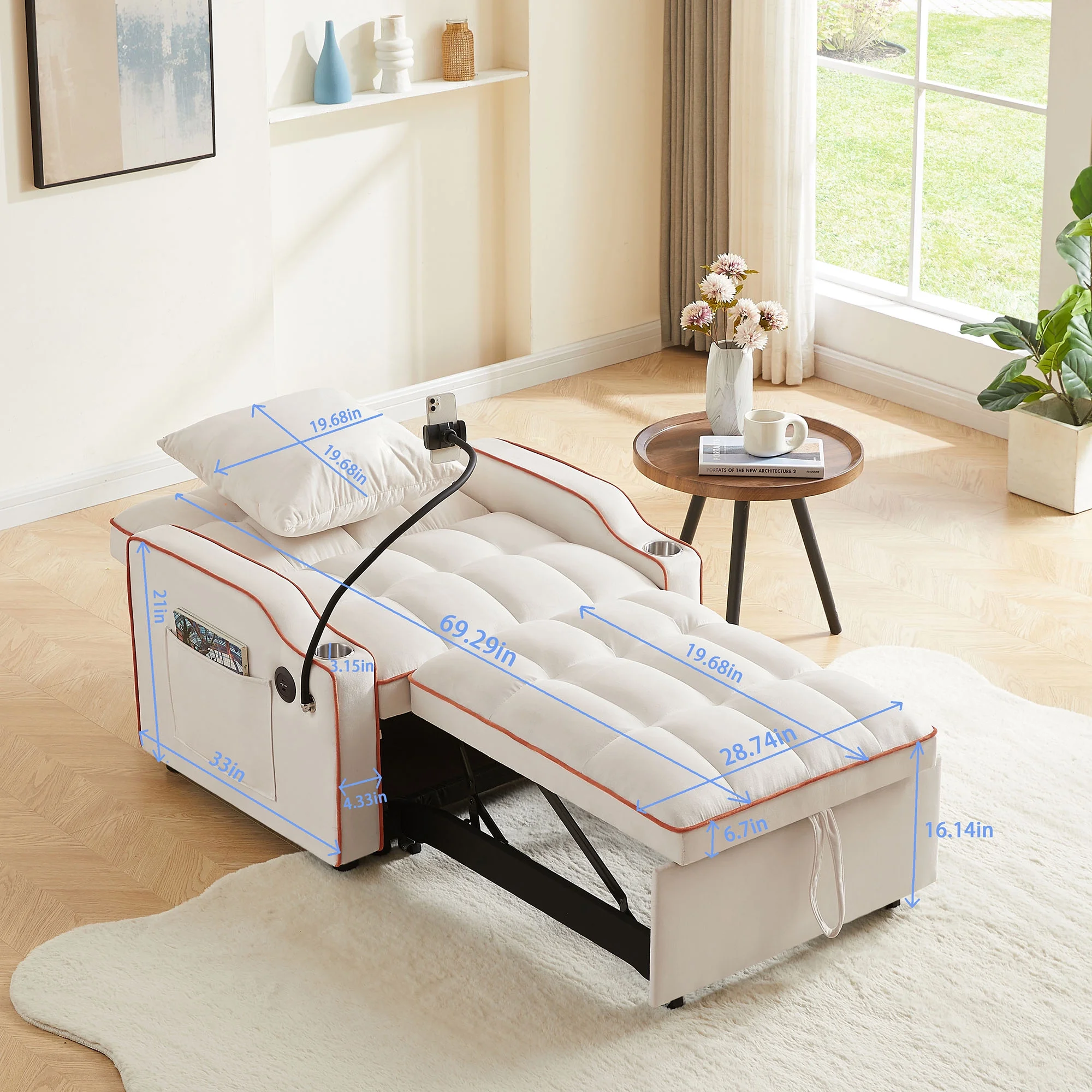 3-in-1 Convertible Pull Out Sleeper Loveseat Sofa Bed,Adjustable Lounge Recliner Futon Sofá Chair Upholstered Single-Seat Couches with Reclining Backrest,Toss Pillows&Side Pockets for Living Room