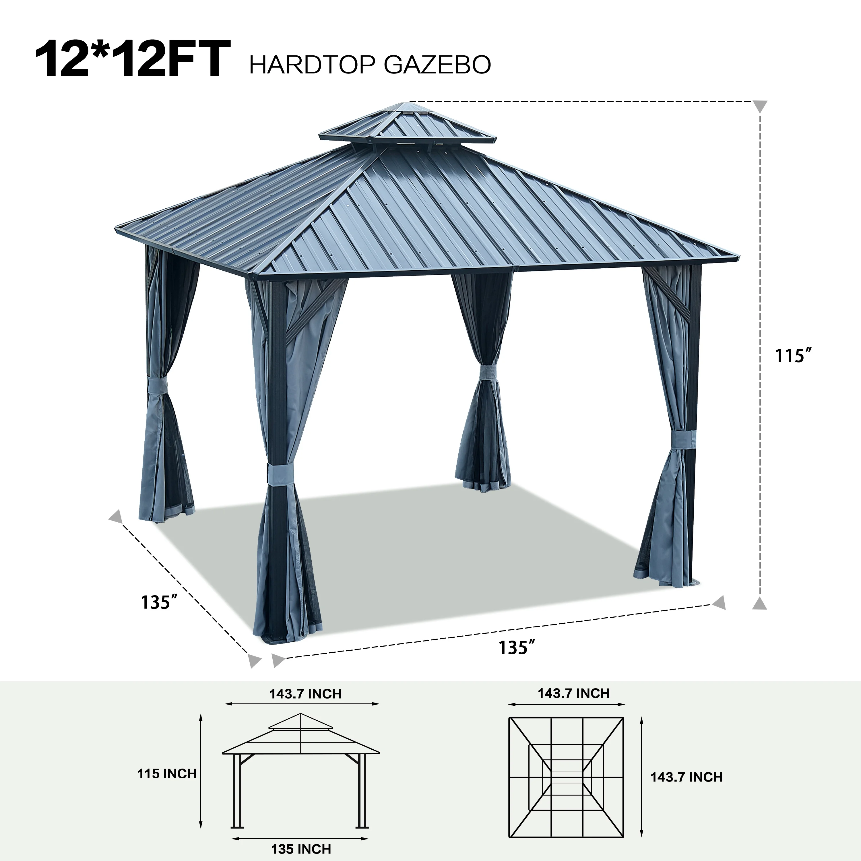 Hitop 12x12ft Gazebo Double Roof Canopy with Netting and Curtains, Outdoor Gazebo 2-Tier Hardtop Galvanized Iron Aluminum Frame Garden Tent for Patio, Backyard, Deck and Lawns