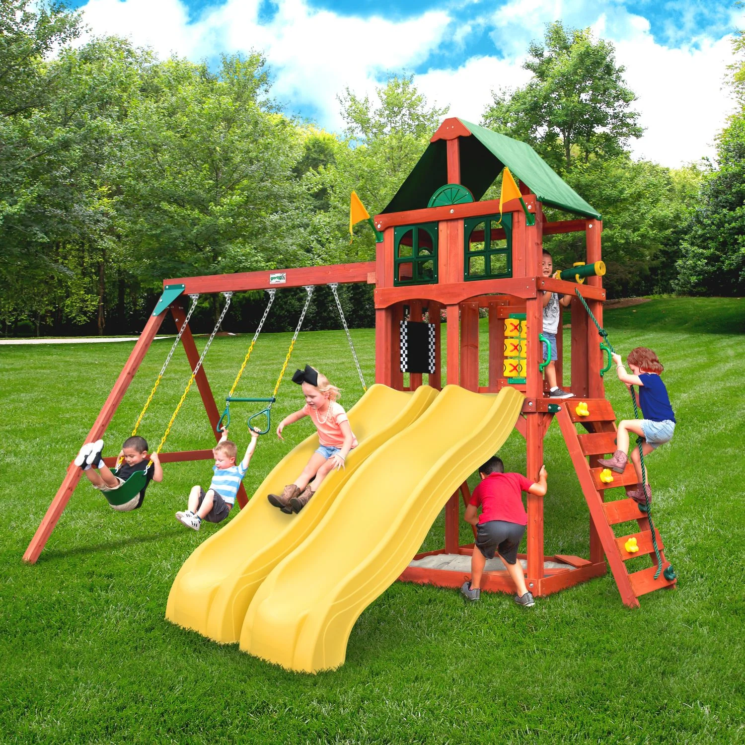 Gorilla Playsets 01-1111 Sweetwater Deluxe Wooden Swing Set with Two Slides, Climbing Wall, Swings, Canopy Roof and More