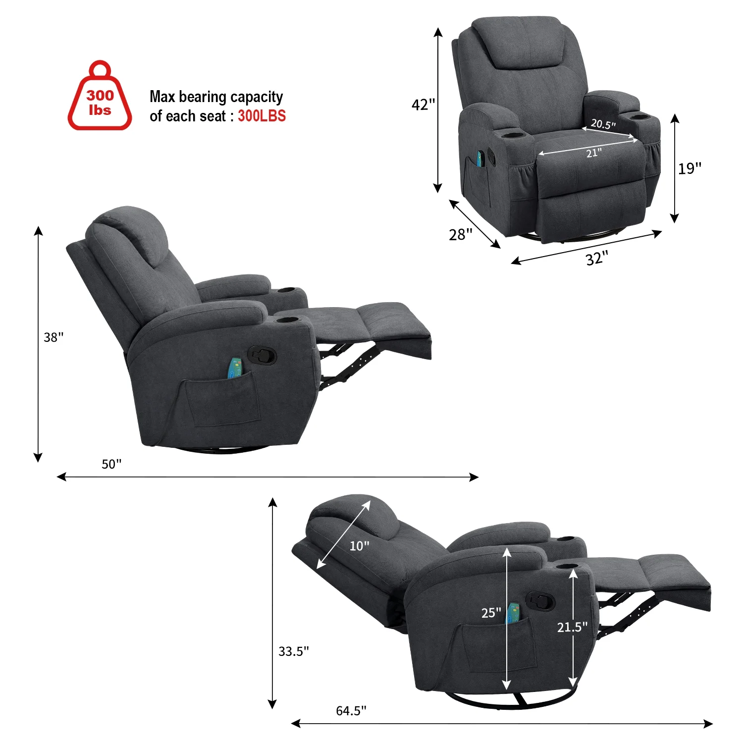 Lacoo massage chair with huge headrest and thick armrests, fabric,grey