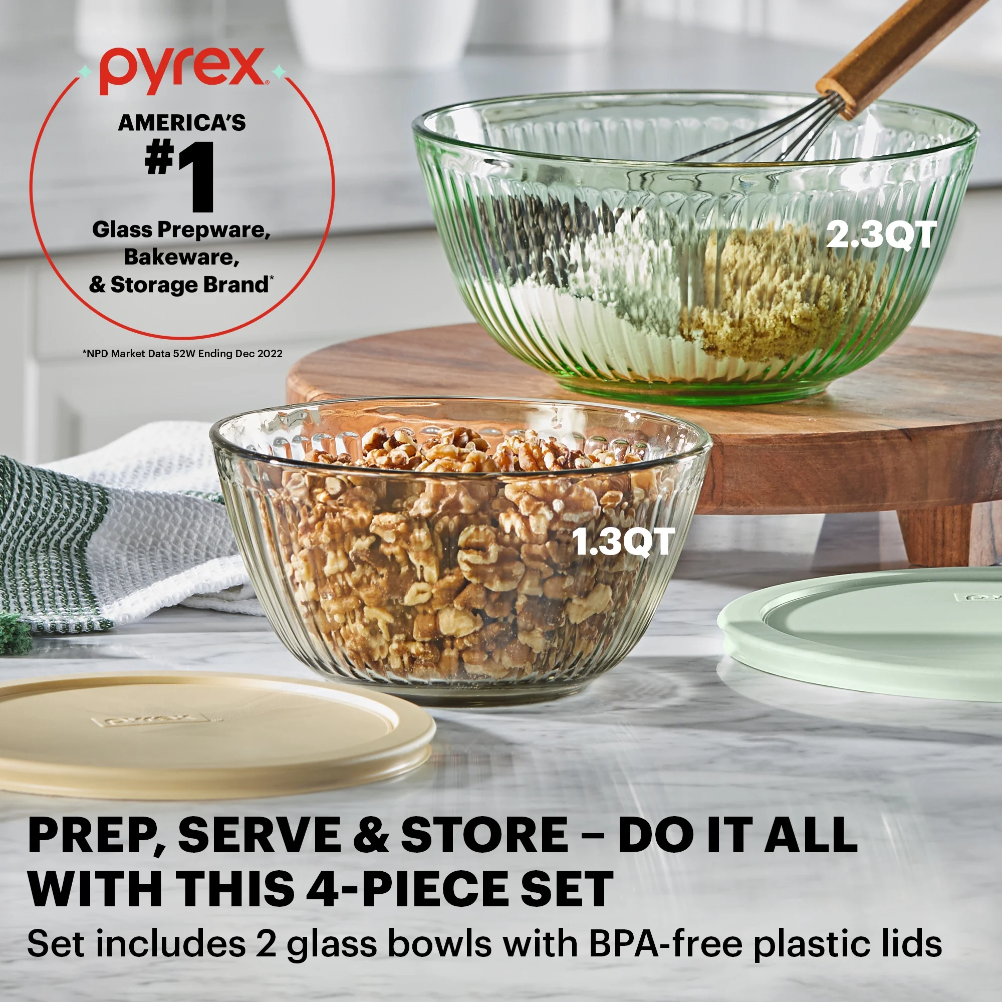 Pyrex Sculpted Tinted 4-Piece Glass Mixing Bowl Set with Airtight Plastic Lids, 1.3qt Amber/2.3qt Green