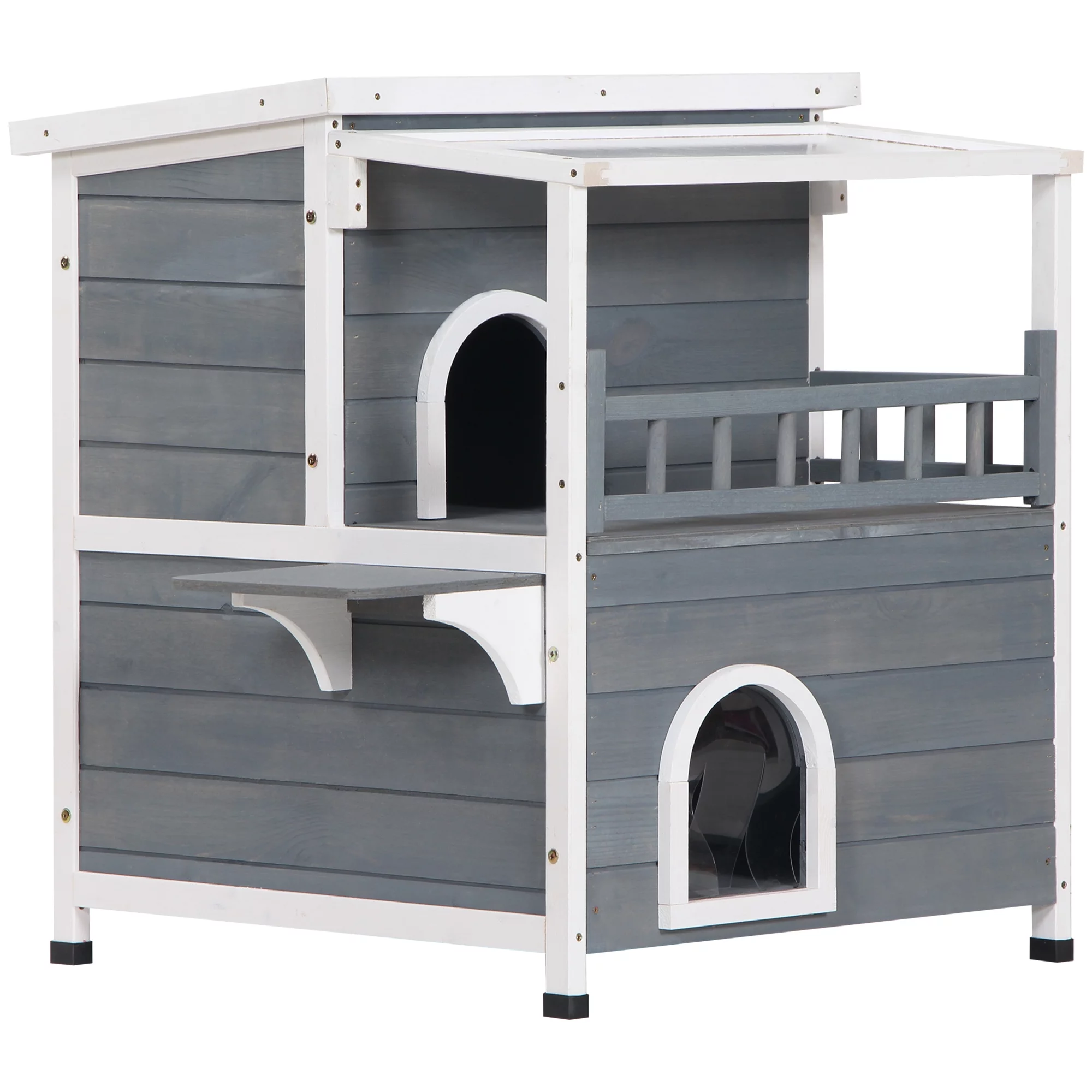 Pawhut 2-Story Cat House with Balcony Cat Shelter Condo Enclosure, Gray