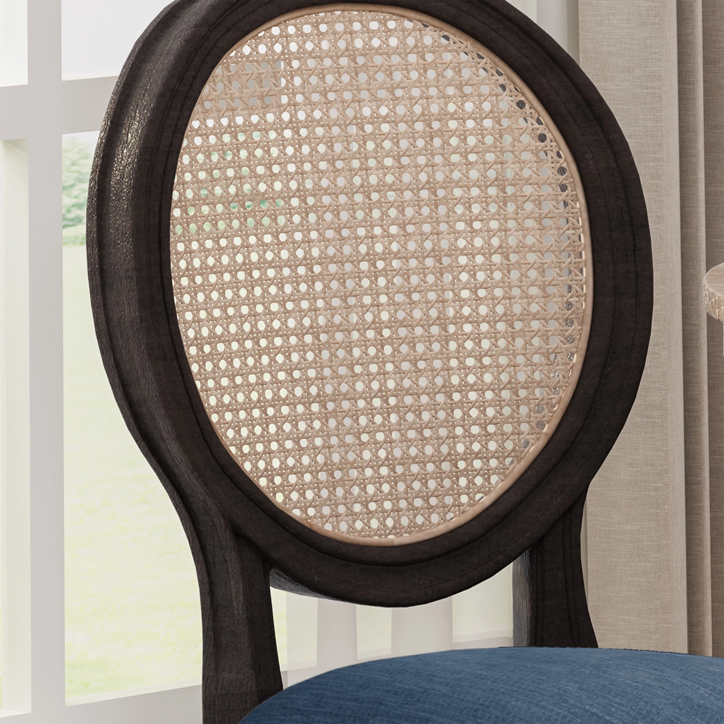 GDF Studio Towner French Country Fabric Wood and Cane Dining Chairs, Set of 2, Navy Blue, Natural, and Dark Brown