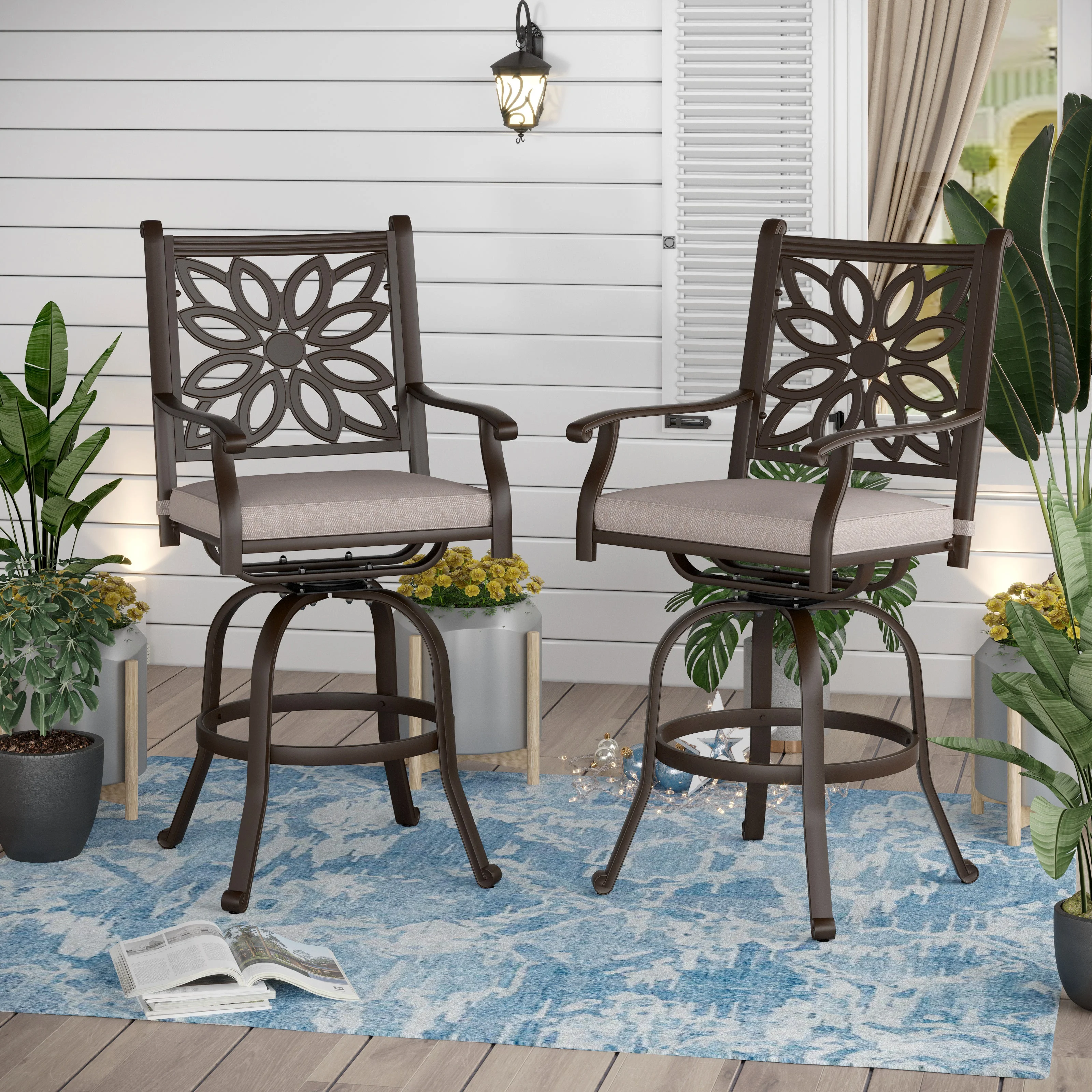 Sophia & William Cast Aluminum Outdoor Swivel Bar Stools with Seat Cushion-Set of 2