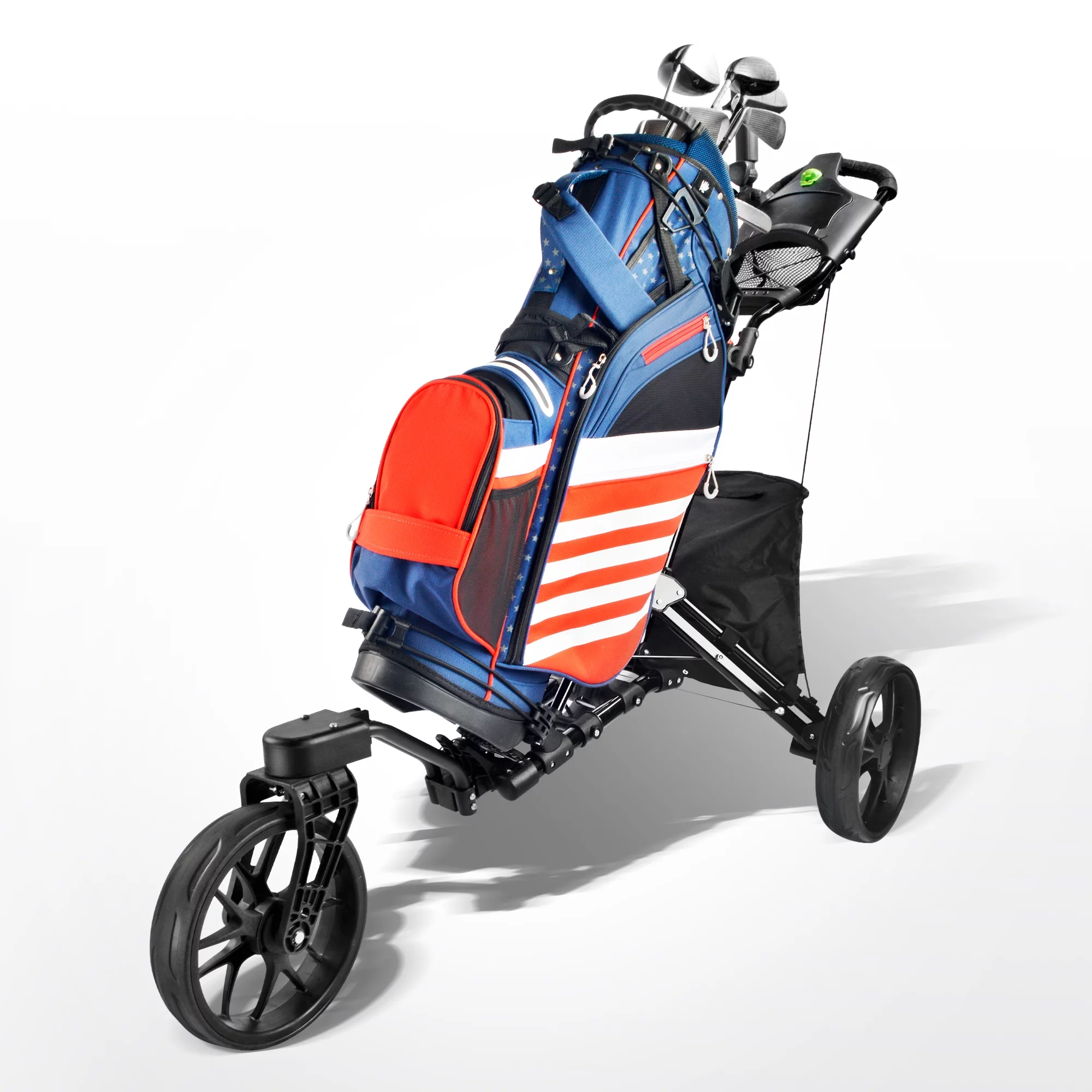 BOBOPRO Universal Wheel Golf Push Cart with Footbrake, Bottle Holder, Umbrella Stand, Cooler Bag,Balck