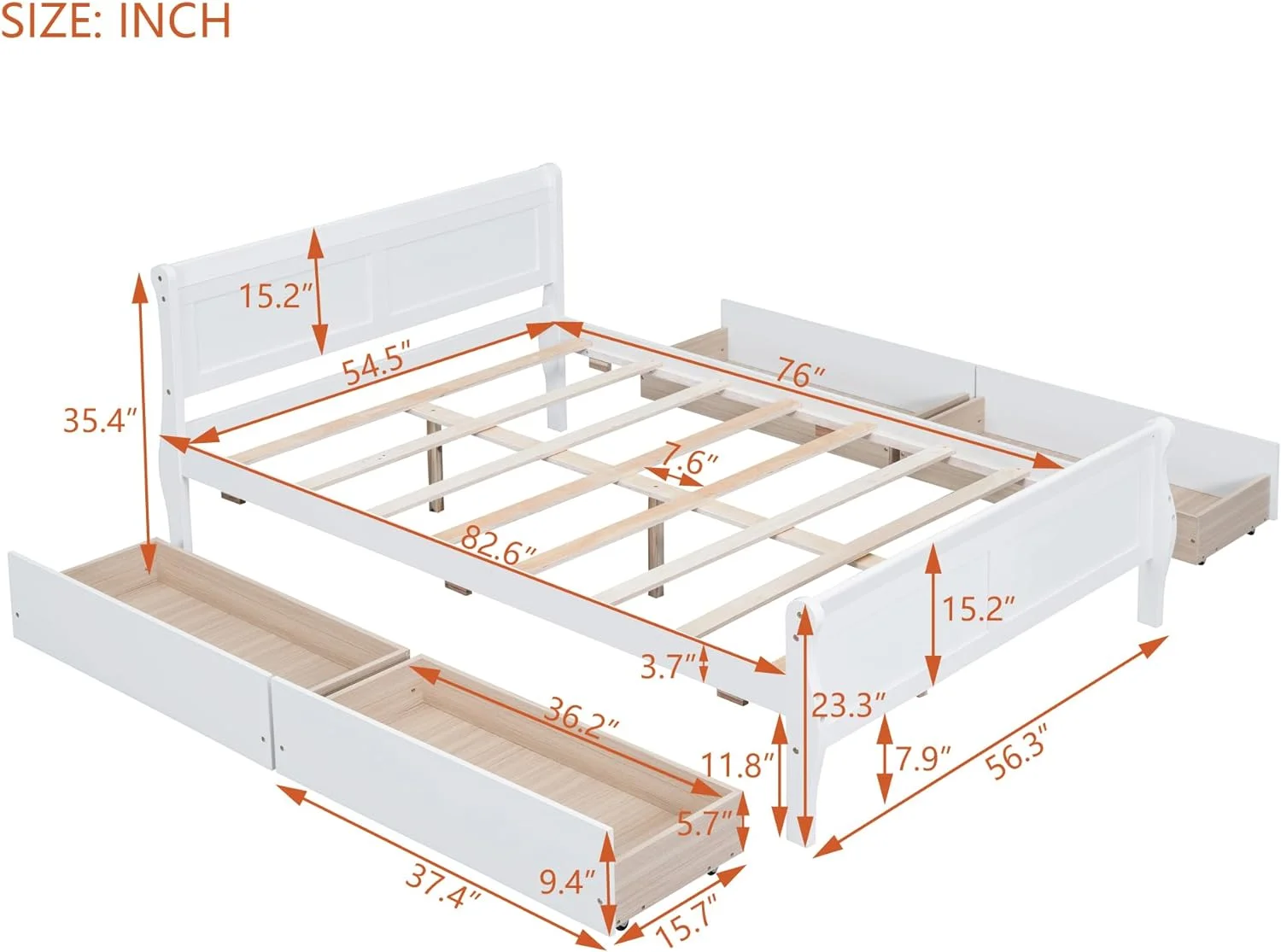 Full Size Platform Bed with 4 Drawers and Streamlined Headboard & Footboard, Solid Wood Bed Frame for Kids Teens Adults