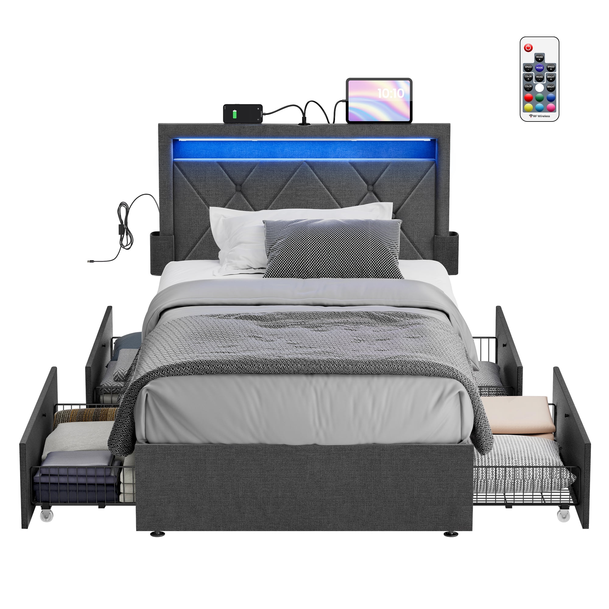 VASAGLE Twin Size LED Bed Frame with Headboard and 4 Drawers Storage Adjustable Upholstered Headboard 1 USB Port and 1 Type C PortNo Box Spring Needed Dark Grey