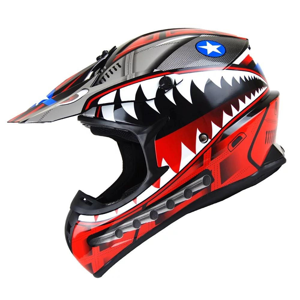 1Storm Adult Motocross Helmet BMX MX ATV Dirt Bike Downhill Mountain Bike Helmet SC09S Monster Shark Red; + Goggles + Skeleton Red Glove Bundle