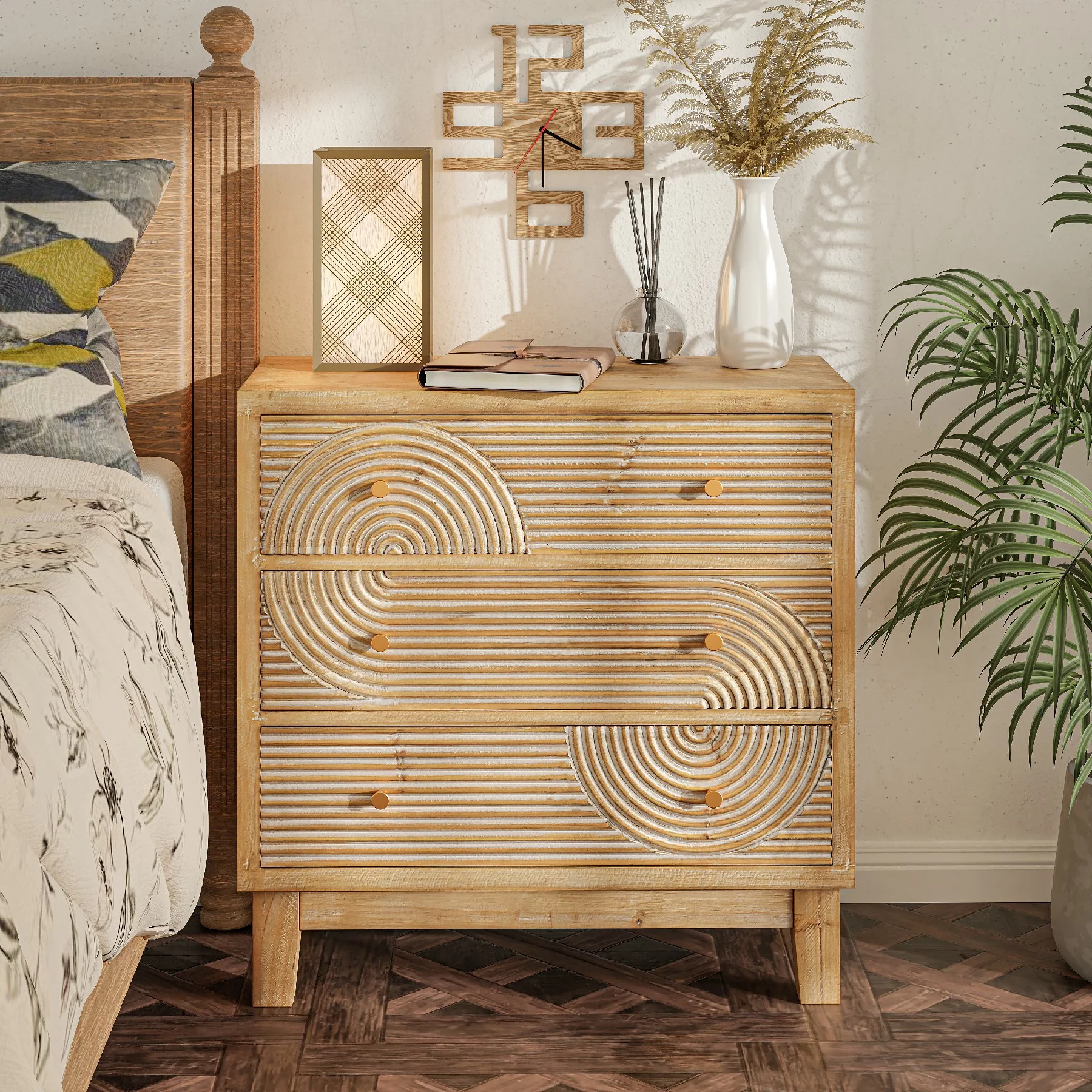COZAYH 3-Drawer Farmhouse Dresser with Handicraft Wood Ring Motif, Fully Assembled Nightstand Wooden Finish for Boho, Mid-century, Rustic Style, Natural Wood