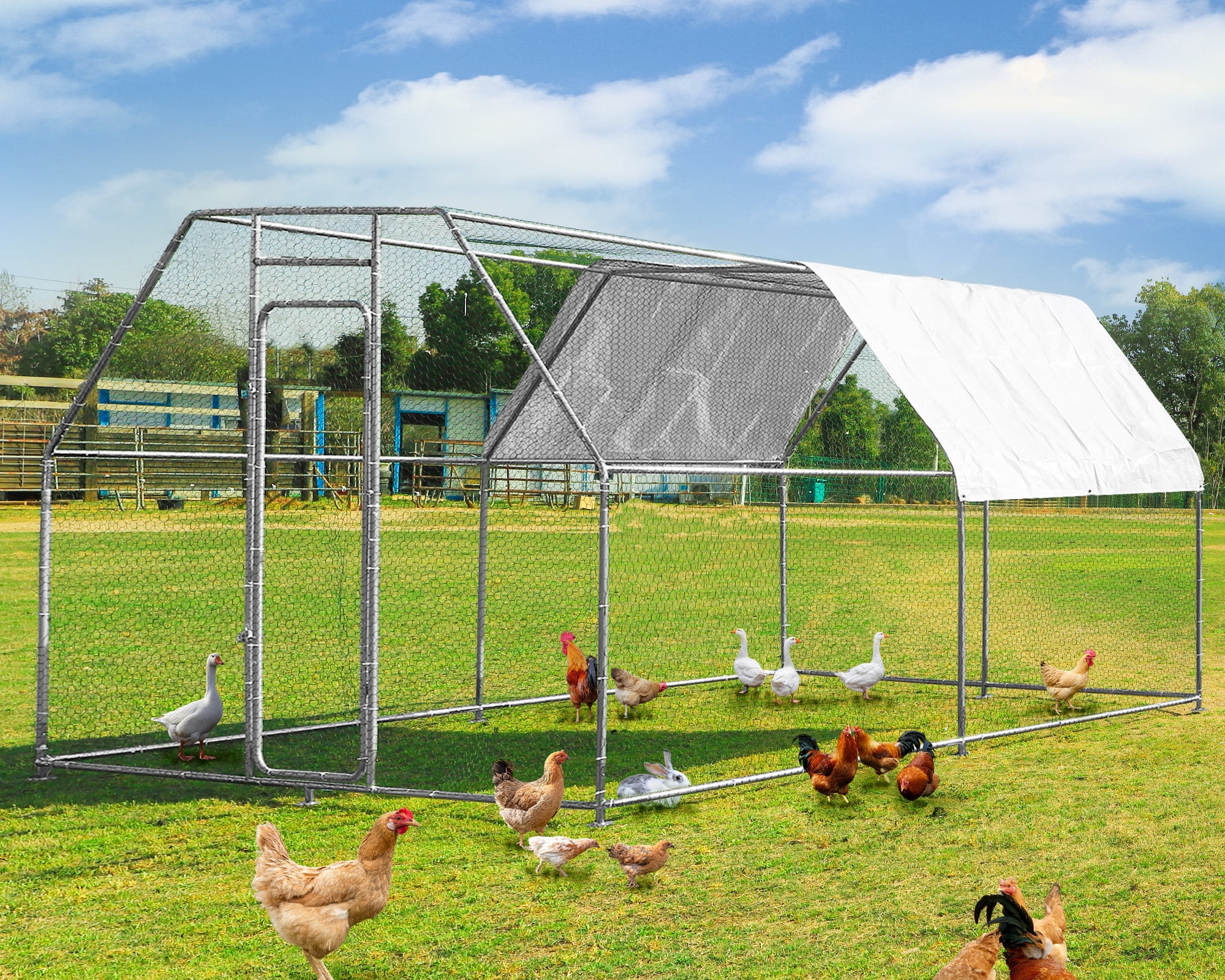 Haverchair Large Chicken Coop Metal Chicken Run Walk-in Poultry Cage Flat Roofed Cage Rabbits Habitat Chicken Runs Outdoor for Yard with Waterproof and Anti-UV Cover,118.1