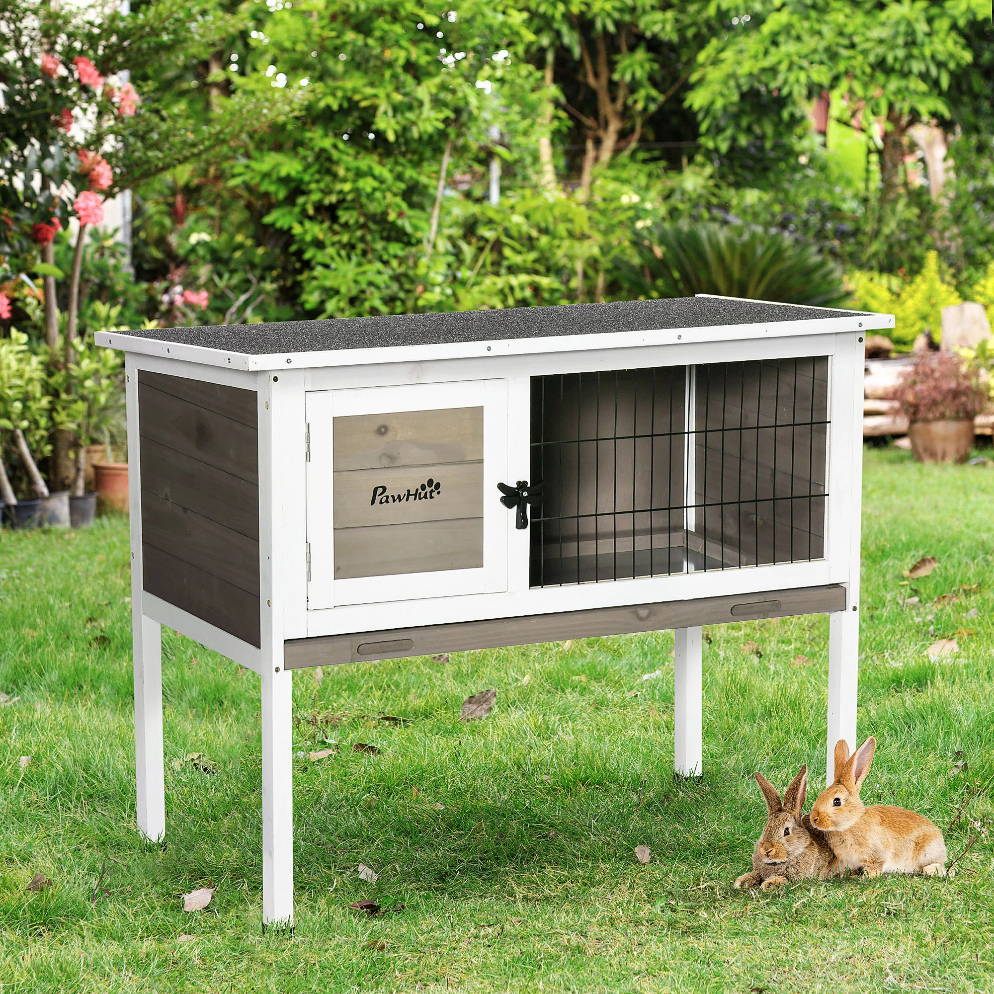 PawHut Elevated Rabbit Hutch w/ Hinged Roof & Metal Cage, Great for Small Animal