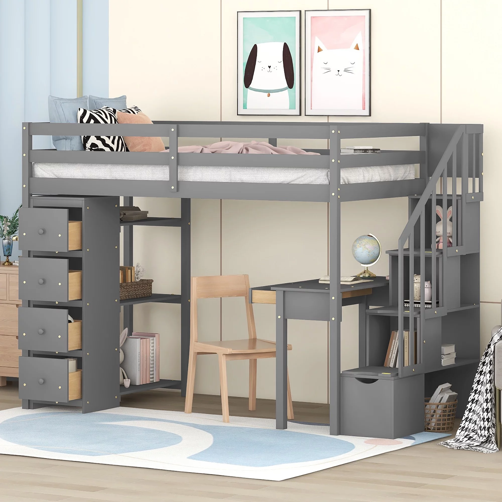 CoSoTower Twin Size Loft Bed with Storage Drawers ,Desk and Stairs, Wooden Loft Bed with Shelves - Gray