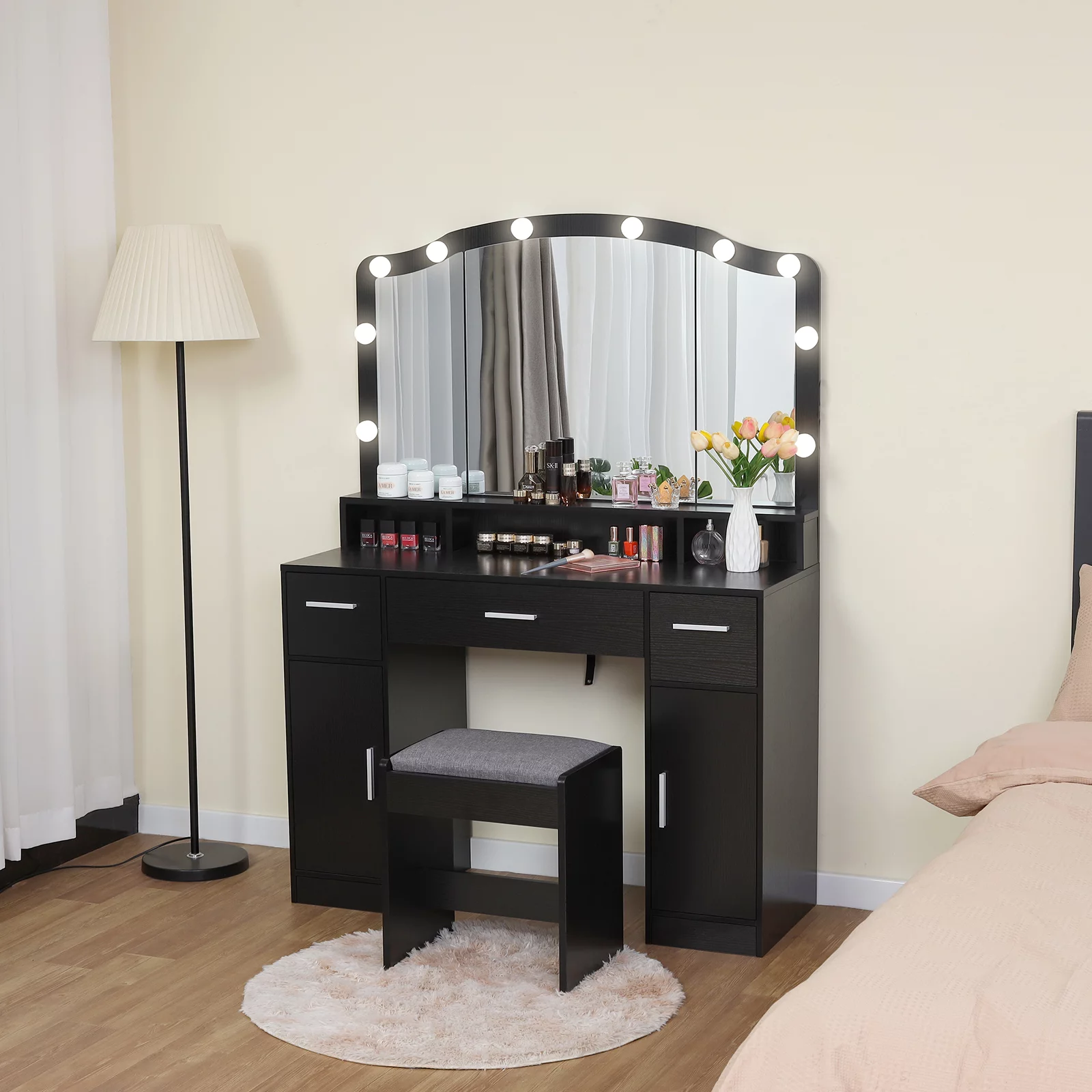 USIKEY Large Vanity Set with Large Lighted Mirror, Modern Makeup Vanity Table with 3 Drawers, 2 Storage Cabinets & 10 LED Bulbs, BlackYSZT32HD