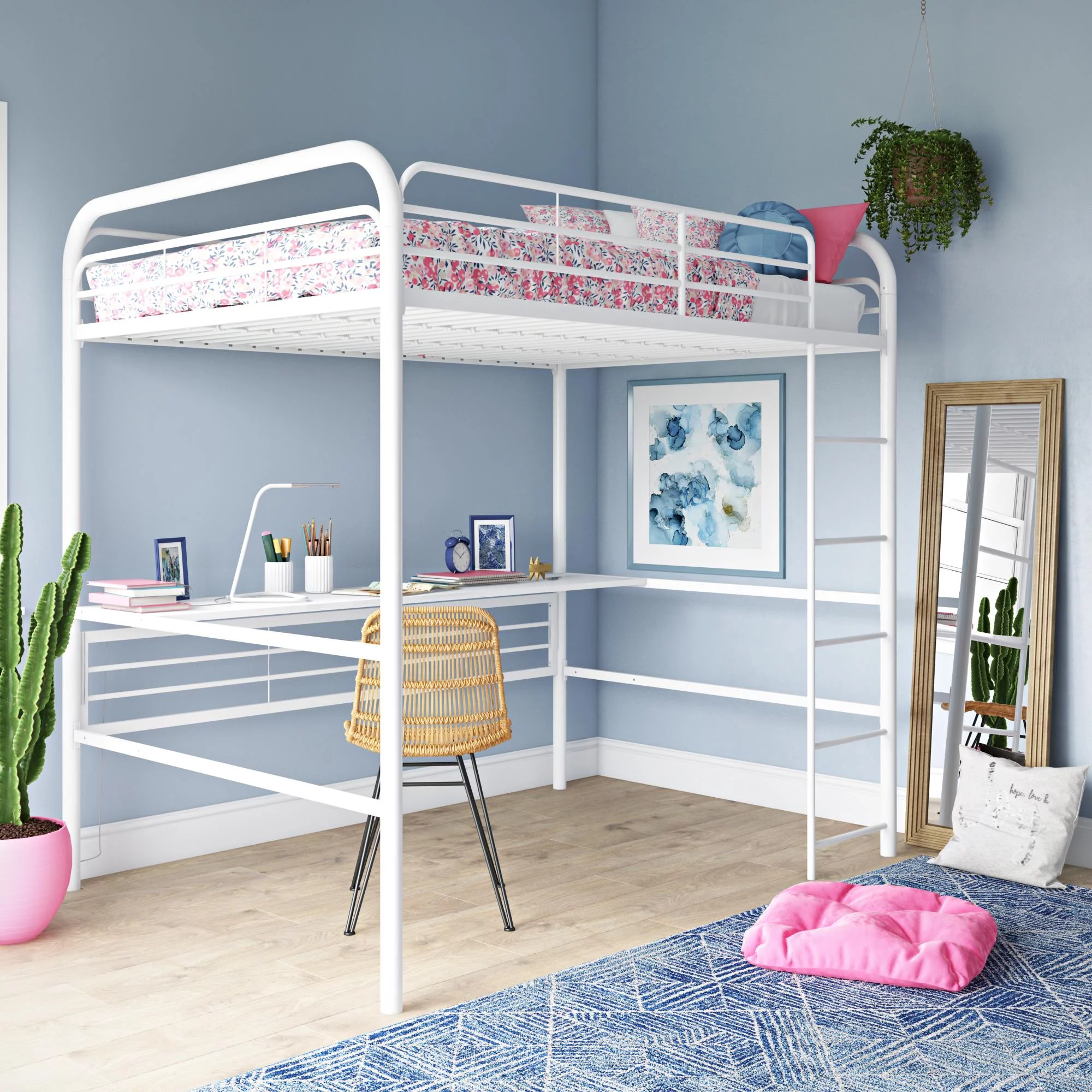 DHP Shawn Full Metal Loft Bed with Desk, Off White/Off White
