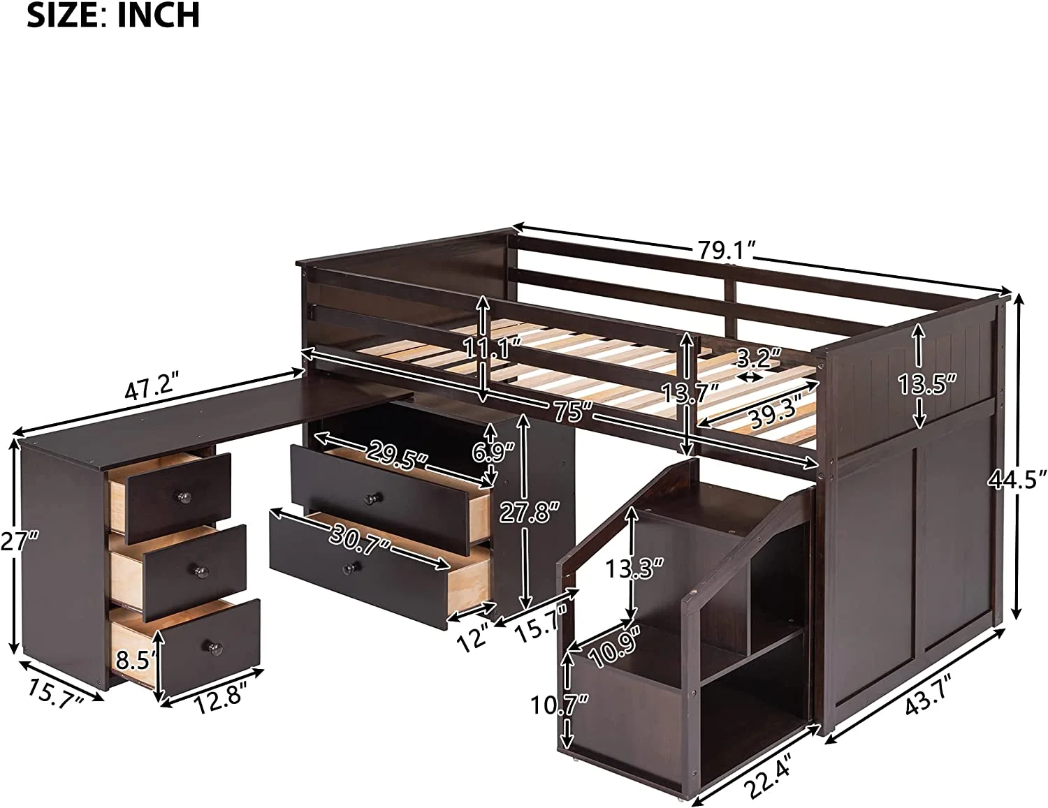 Low Loft Bed With Portable Desk And Stairs, Wood Size Loft Bed Frame With Storage Cabinets, Low Study Kids Loft Bed Frame For Bedroom Furniture (, Espresso)