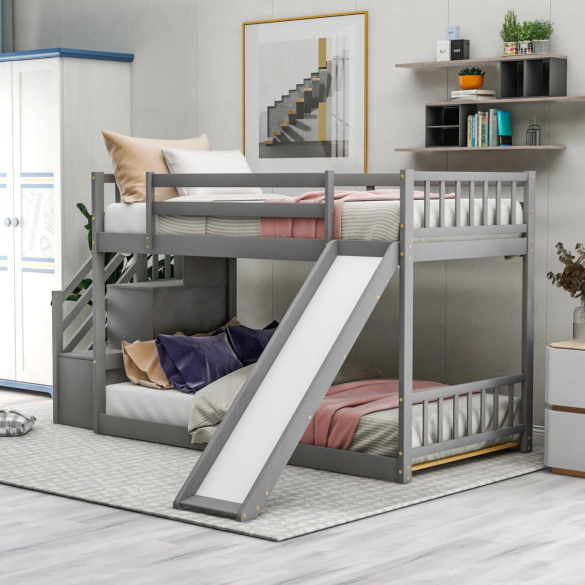Livspace Twin over Twin Bunk Bed with Convertible Slide and Stairway Gray