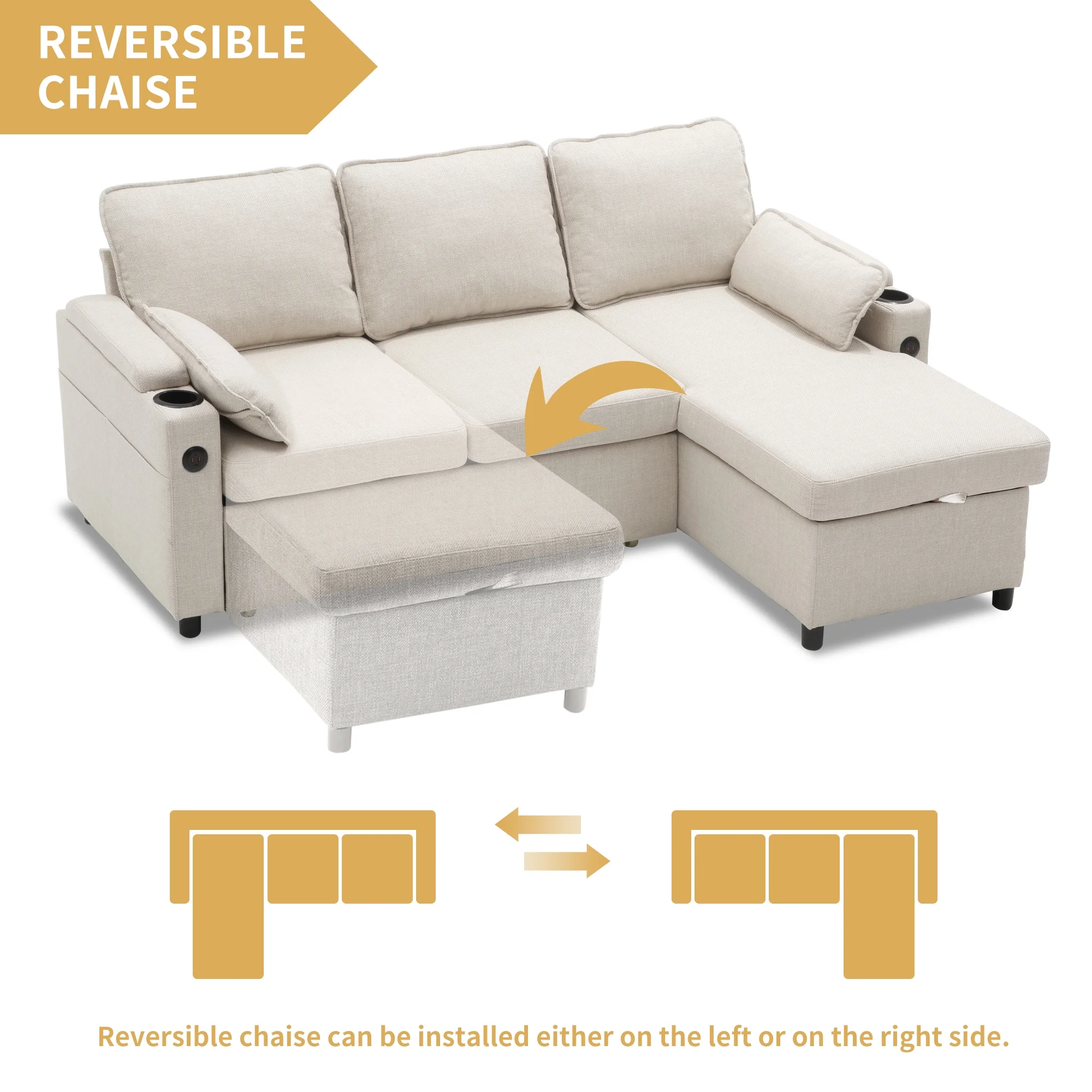 Duraspace Sectional Sleeper Sofa with Storage Chaise, Reversible Pull Out Couch Sofa Bed, L-Shape Beige