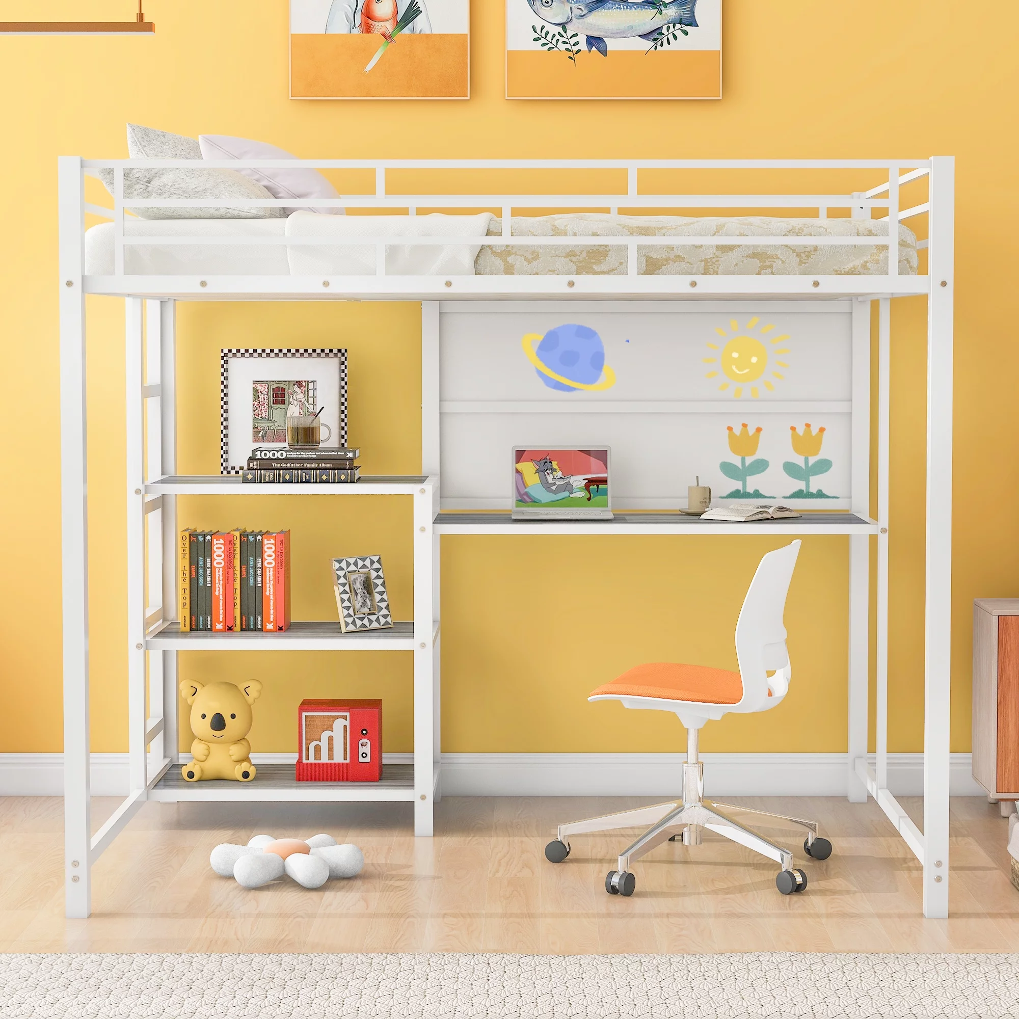 Sesslife Loft Bed for Kids, Full Size Loft Bed Frame with Desk and Whiteboard, Modern Metal Loft Bed with 3 Shelves and Ladder, White