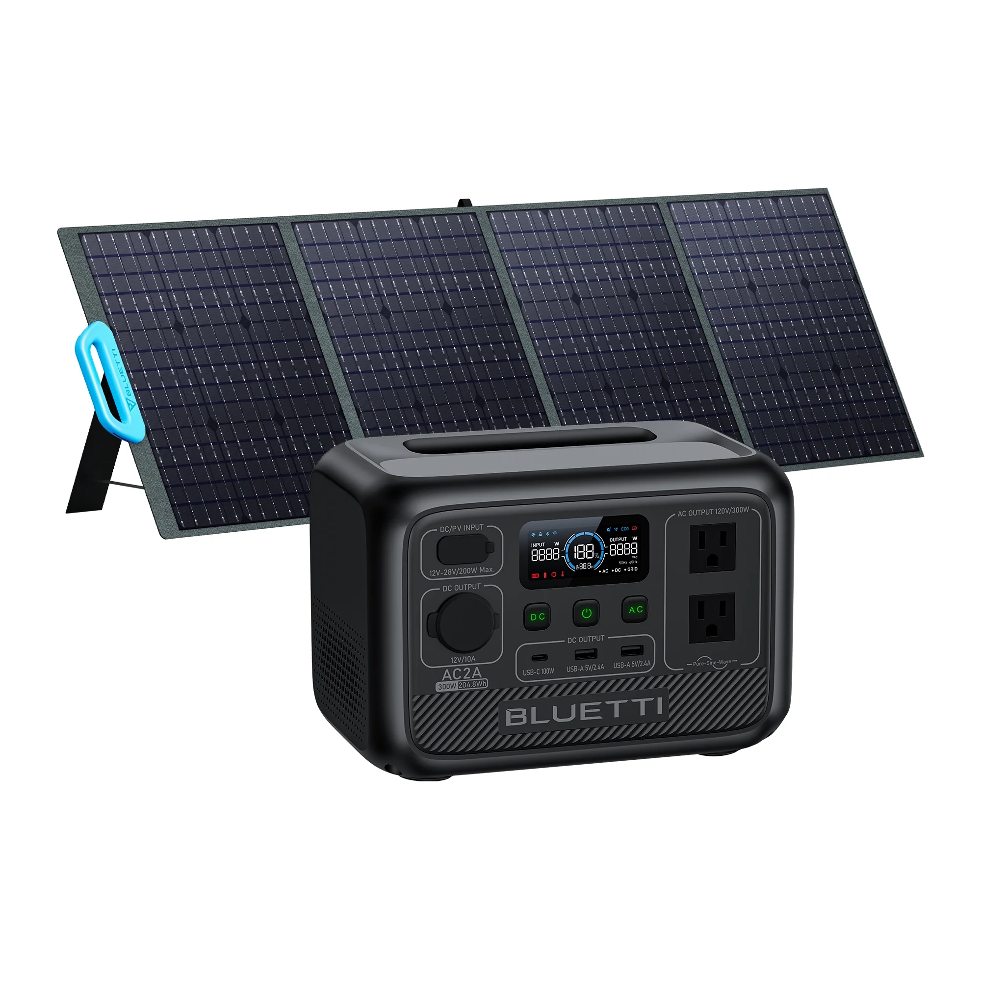 BLUETTI AC2A Portable Solar Generator and PV200 Solar Panel, 204.8Wh LiFePO4 Power Station With 300W Rated Power (600W Lifting Power) for Camping, Hiking, Home, 0-80% Recharge in 45 Mins