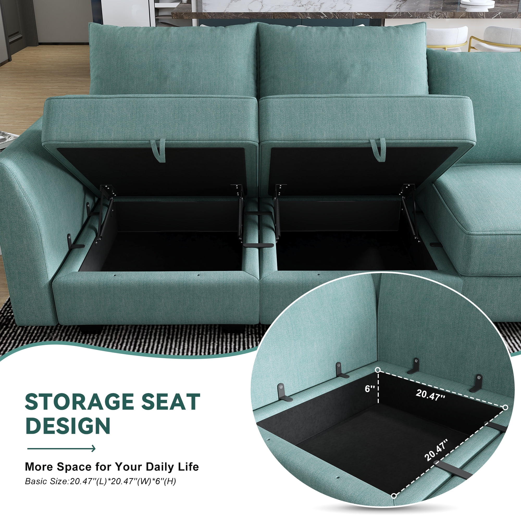 HONBAY Modern Convertible 6 Pieces Fabric Sleeper Sectional Couch Sofa Bed with Storage Ottomans, Aqua Blue