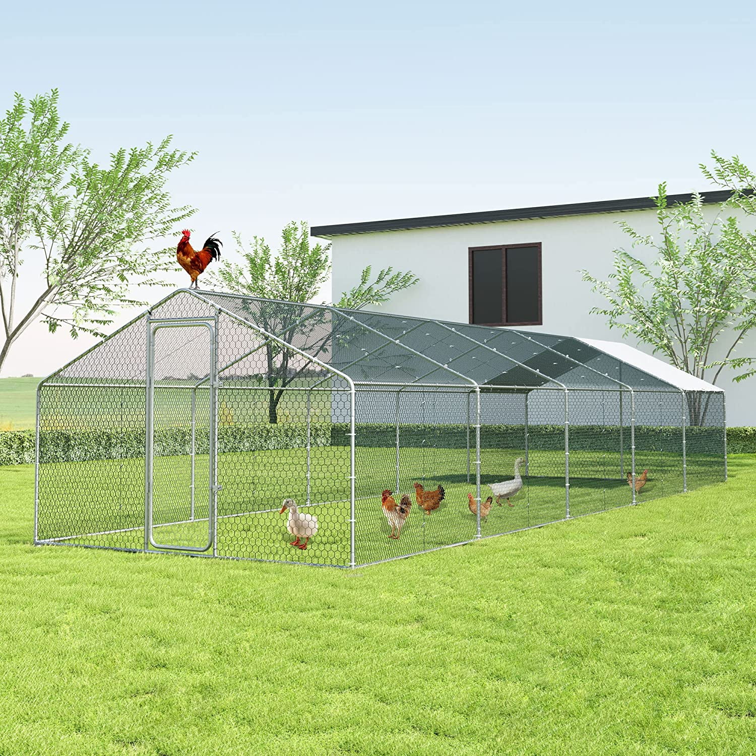 ALAULM Chicken Coops Large Metal Chicken Coops, Outdoor Walk-in Poultry Cage Chicken Run House Chicken Pen with Waterproof and UV Protection Cover for Outdoor